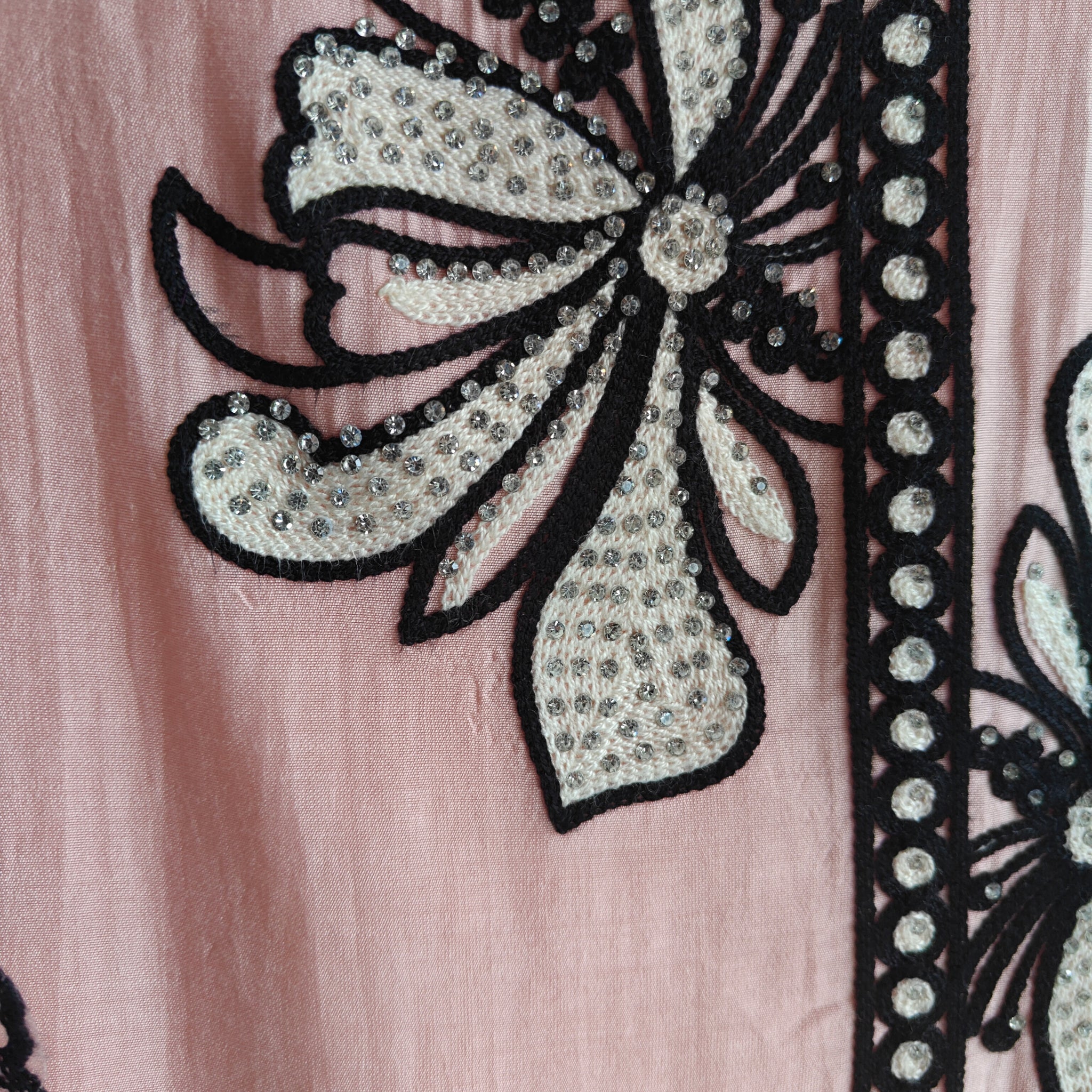 Peach pink tissue dress material with black embroidery