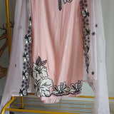 Peach pink tissue dress material with black embroidery