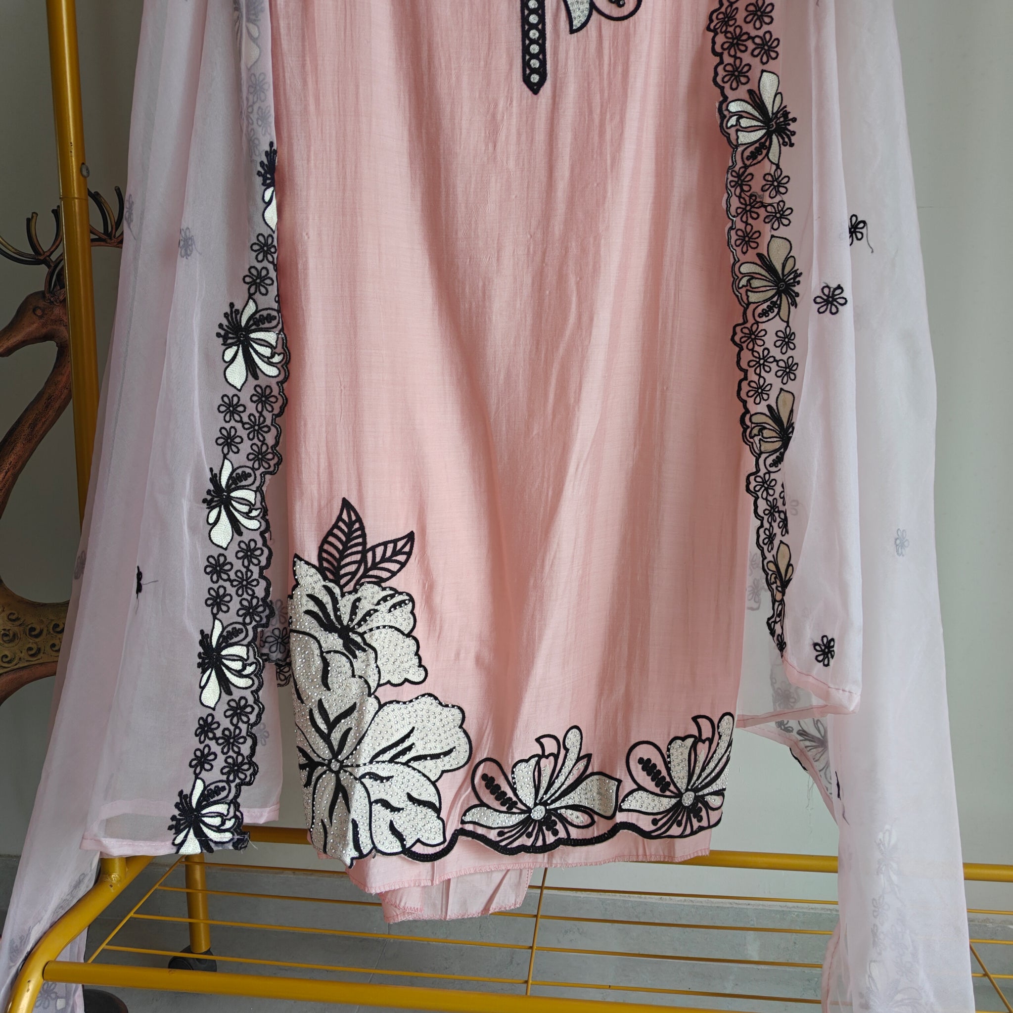 Peach pink tissue dress material with black embroidery