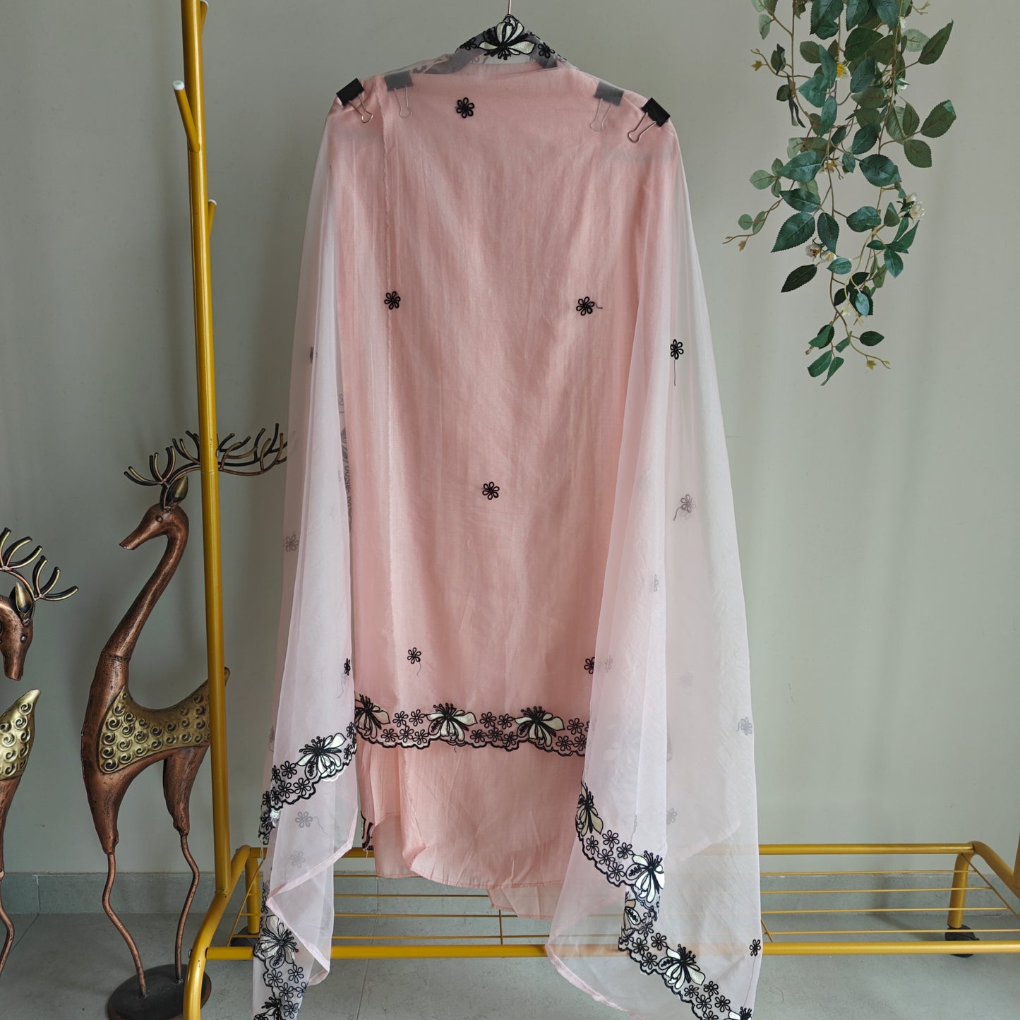 Peach pink tissue dress material with black embroidery