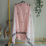 Peach pink tissue dress material with black embroidery