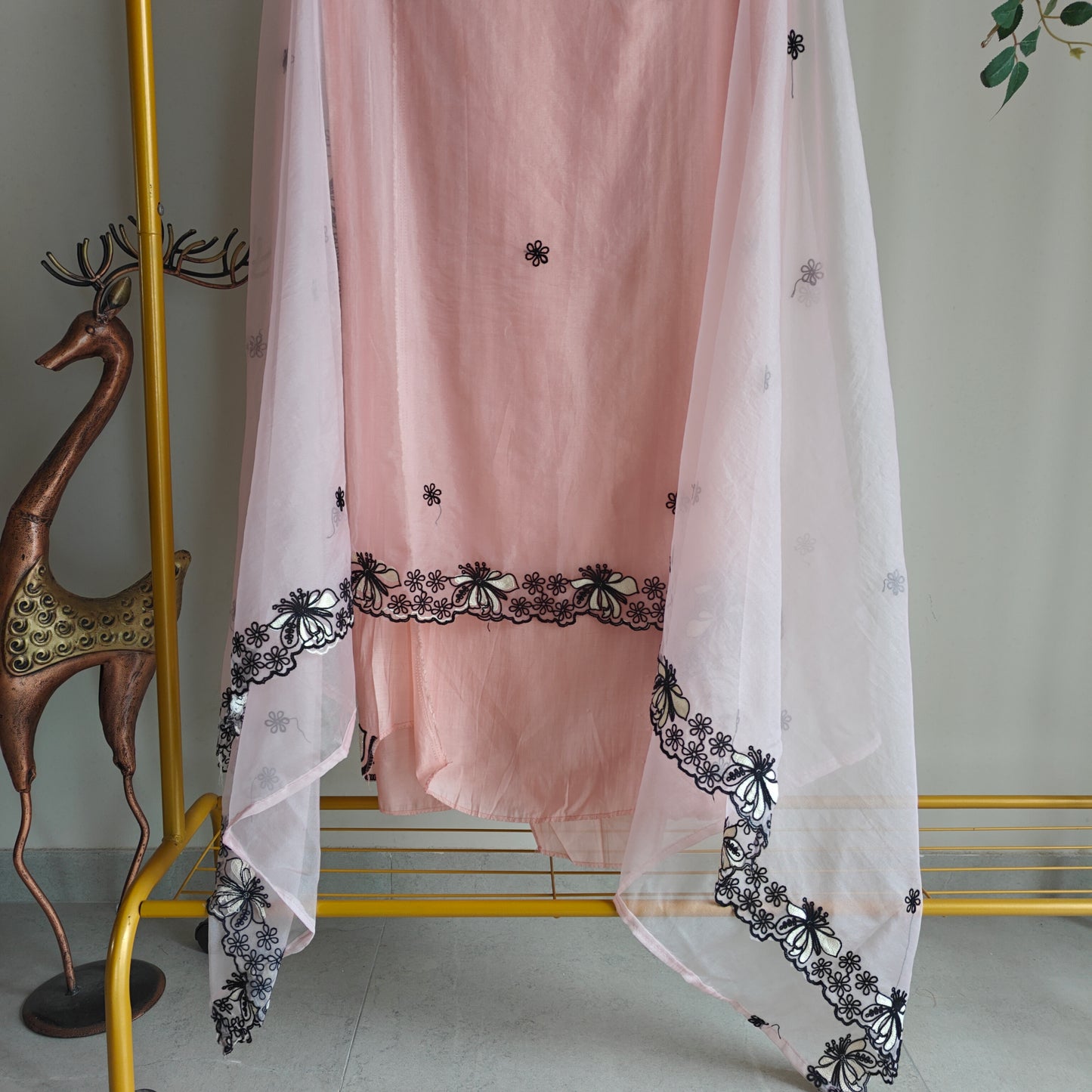 Peach pink tissue dress material with black embroidery