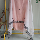 Peach pink tissue dress material with black embroidery