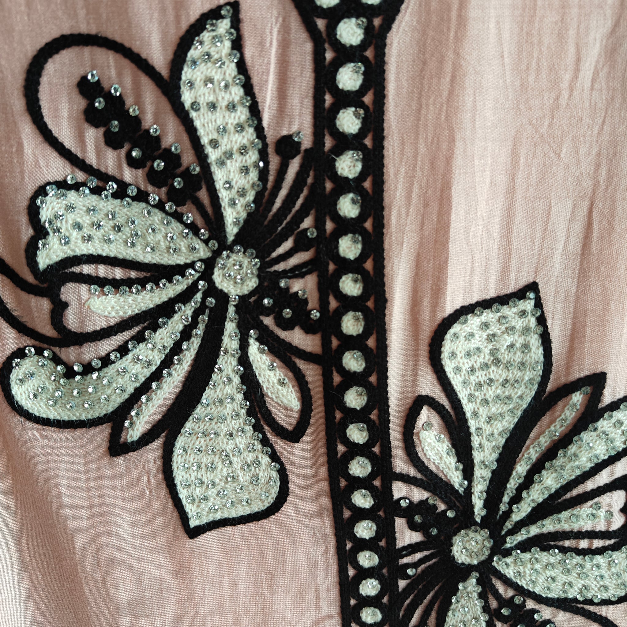 Peach pink tissue dress material with black embroidery