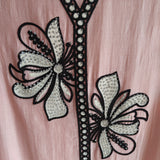 Peach pink tissue dress material with black embroidery