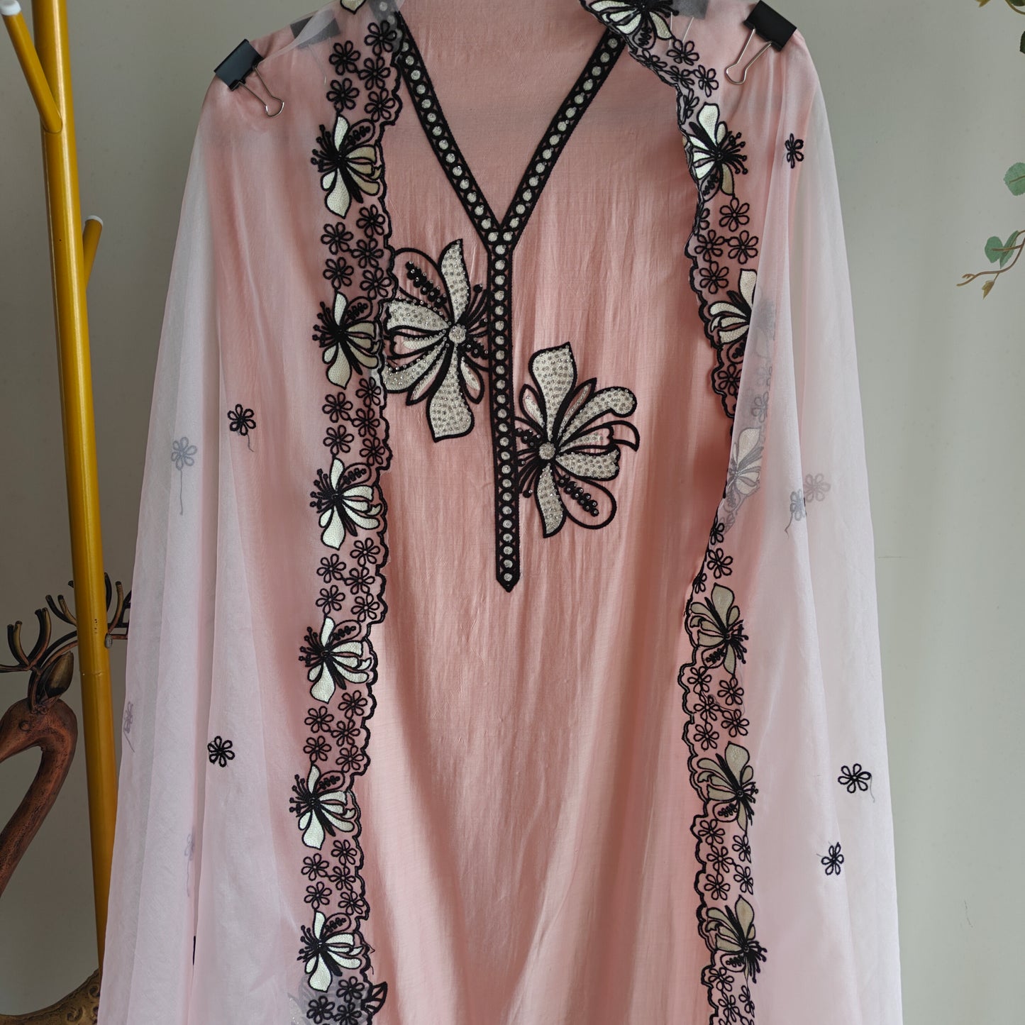 Peach pink tissue dress material with black embroidery