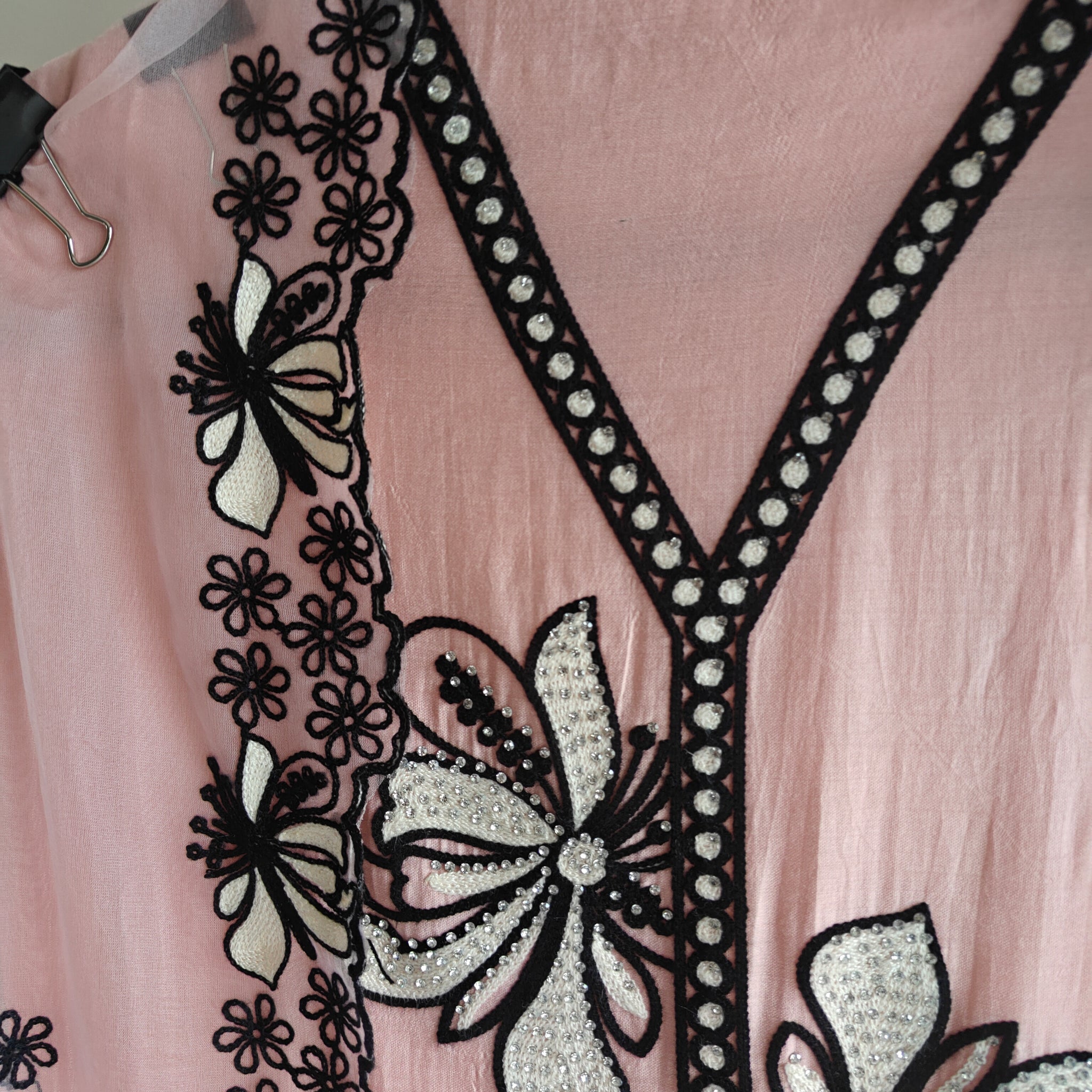Peach pink tissue dress material with black embroidery