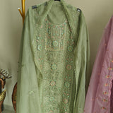 Green Organza Embroidery Zarkan work Unstitched dress material