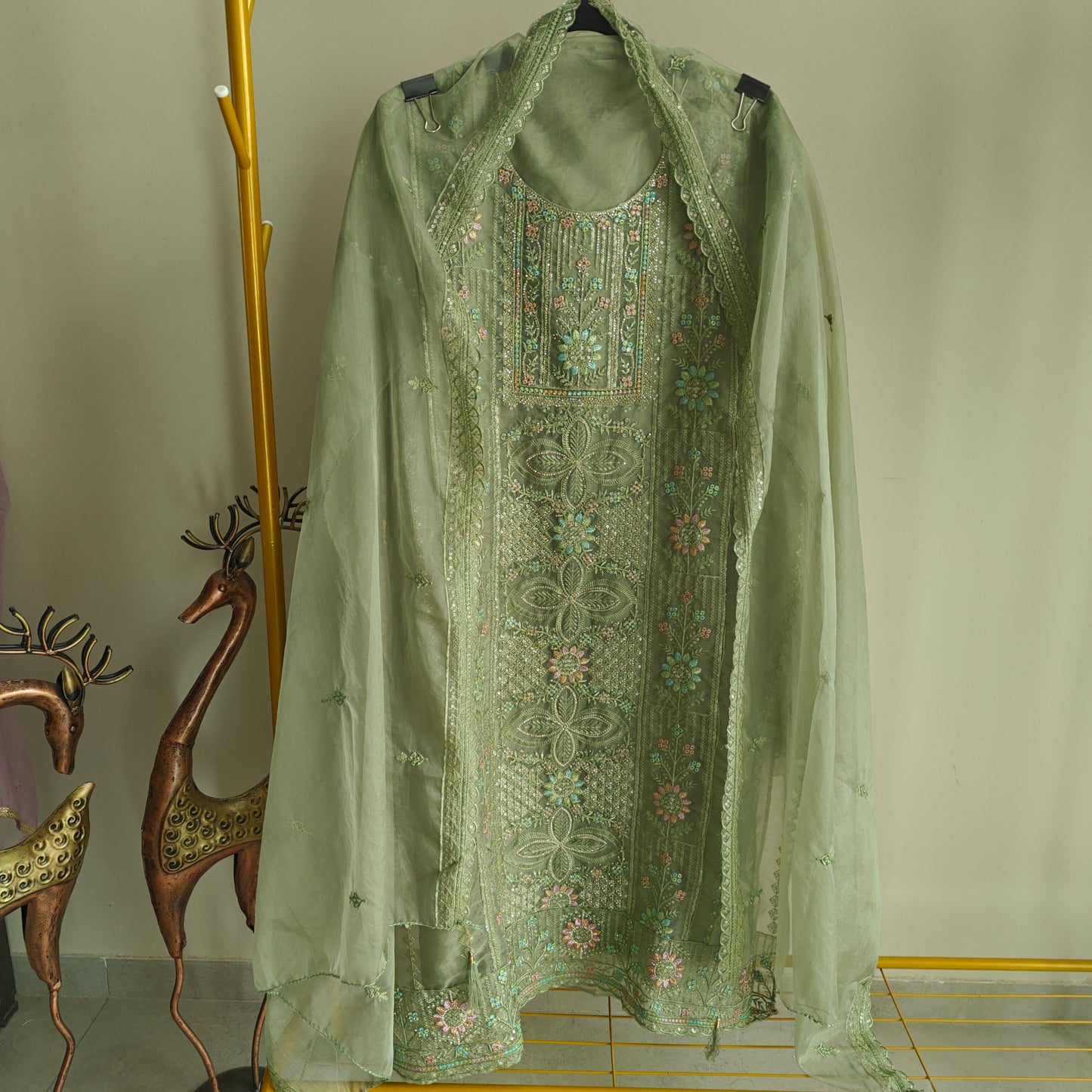 Green Organza Embroidery Zarkan work Unstitched dress material