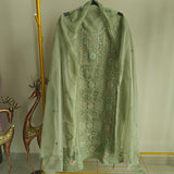 Green Organza Embroidery Zarkan work Unstitched dress material