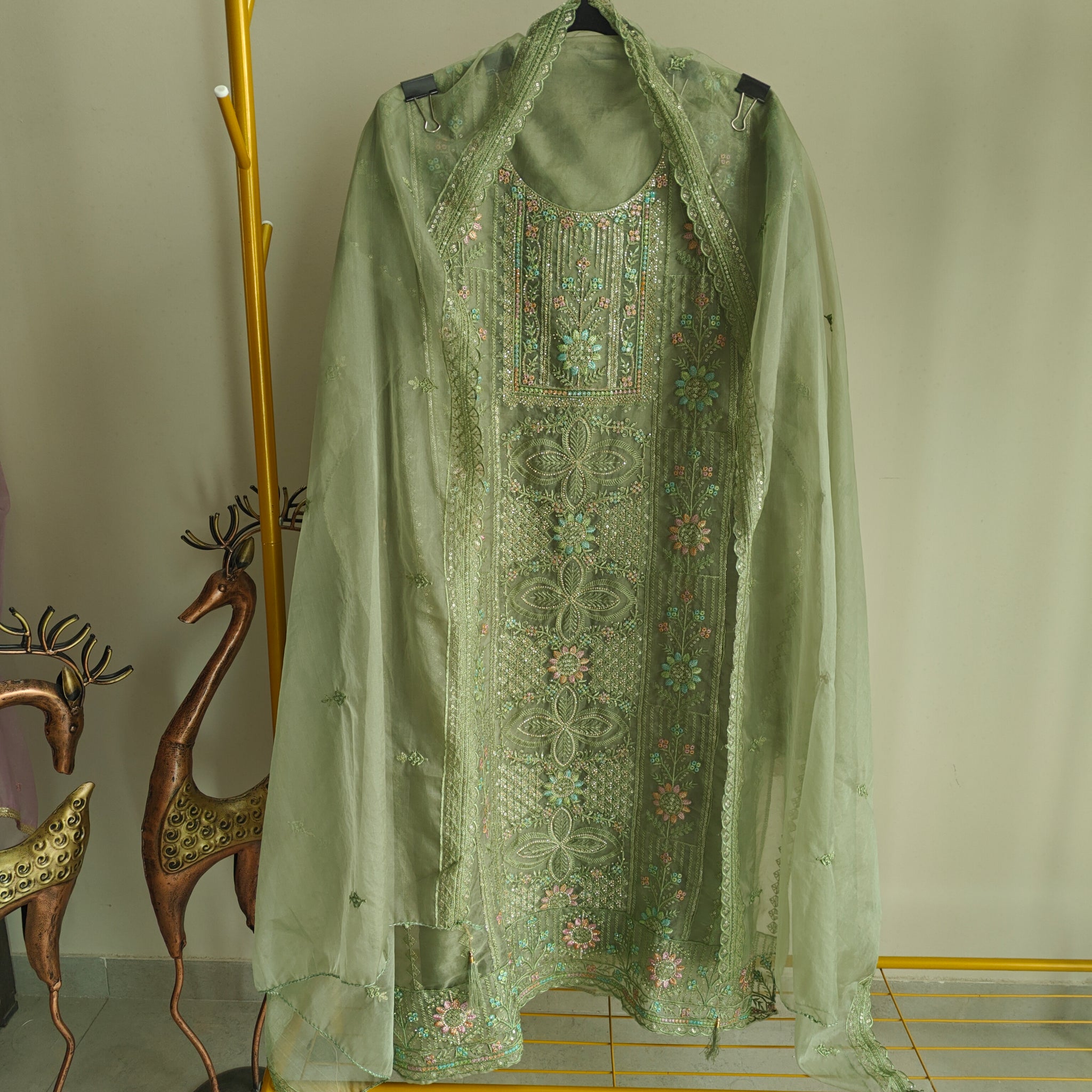 Green Organza Embroidery Zarkan work Unstitched dress material