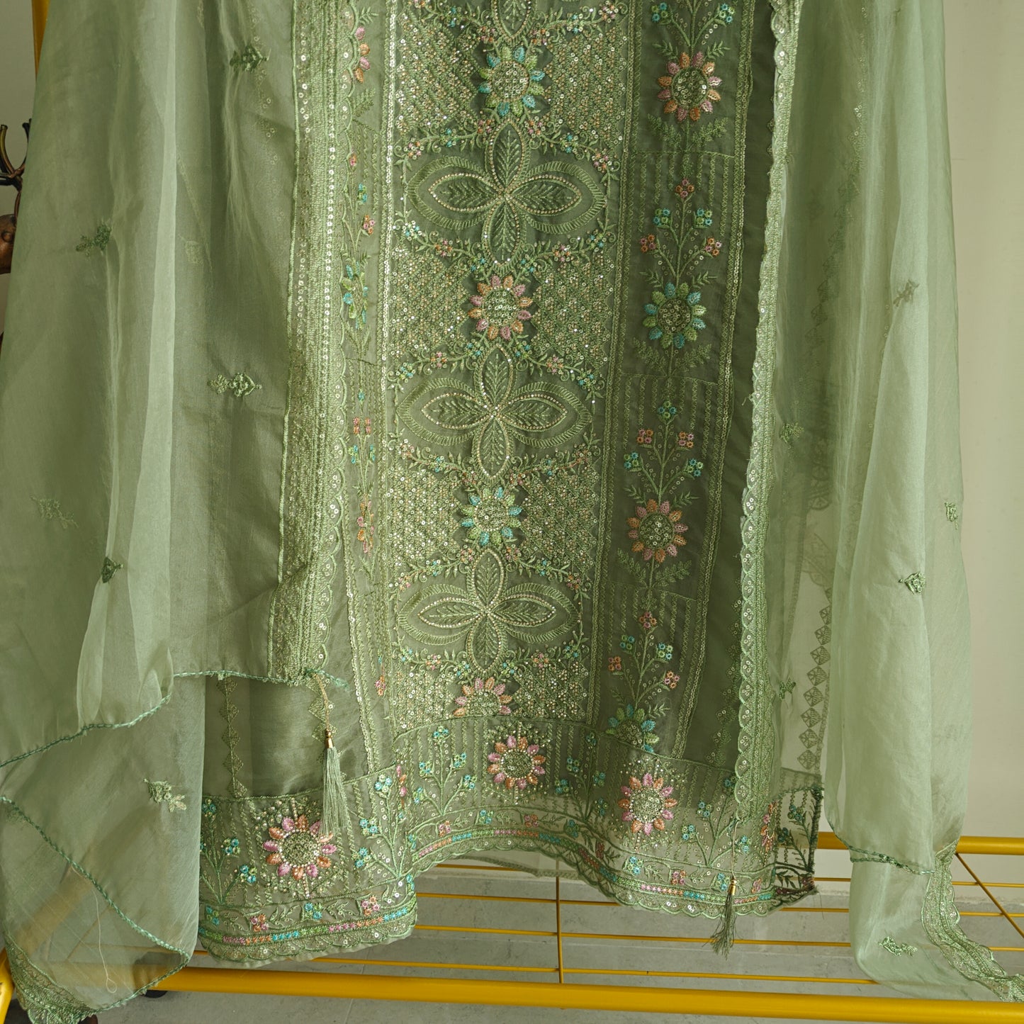 Green Organza Embroidery Zarkan work Unstitched dress material