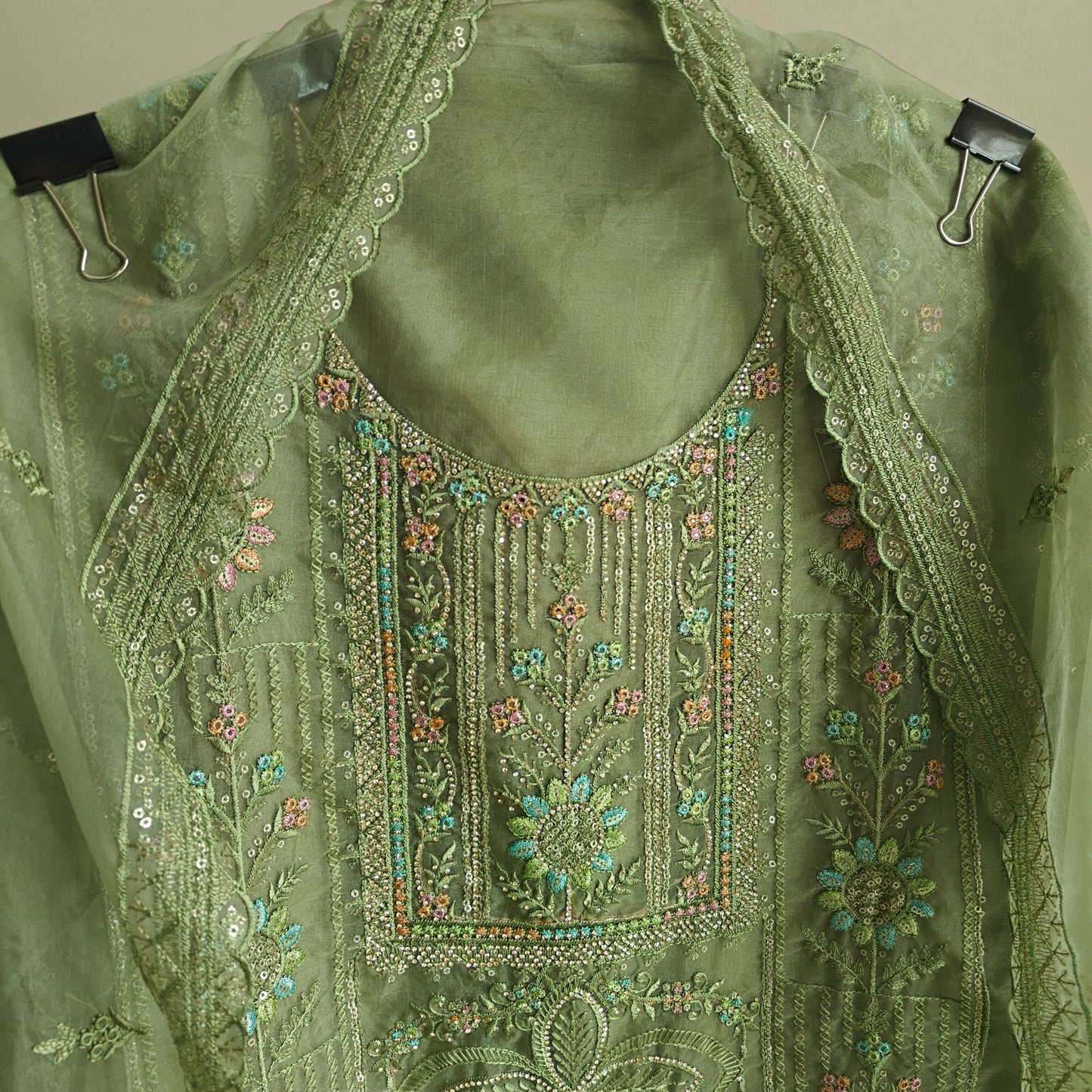 Green Organza Embroidery Zarkan work Unstitched dress material