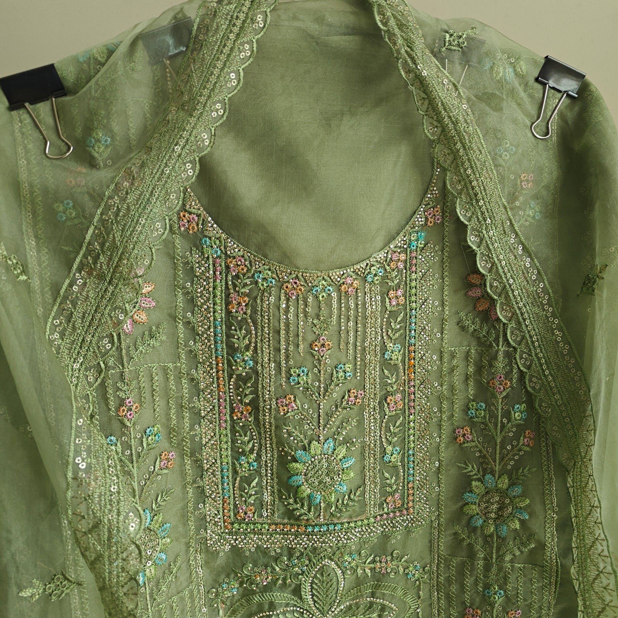 Green Organza Embroidery Zarkan work Unstitched dress material