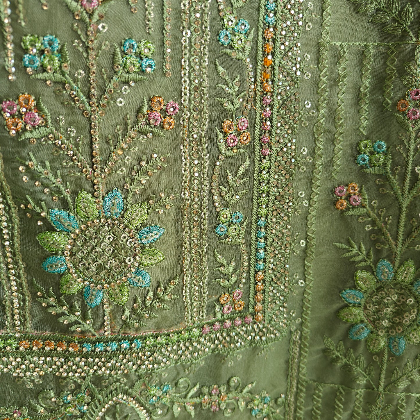 Green Organza Embroidery Zarkan work Unstitched dress material