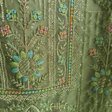 Green Organza Embroidery Zarkan work Unstitched dress material