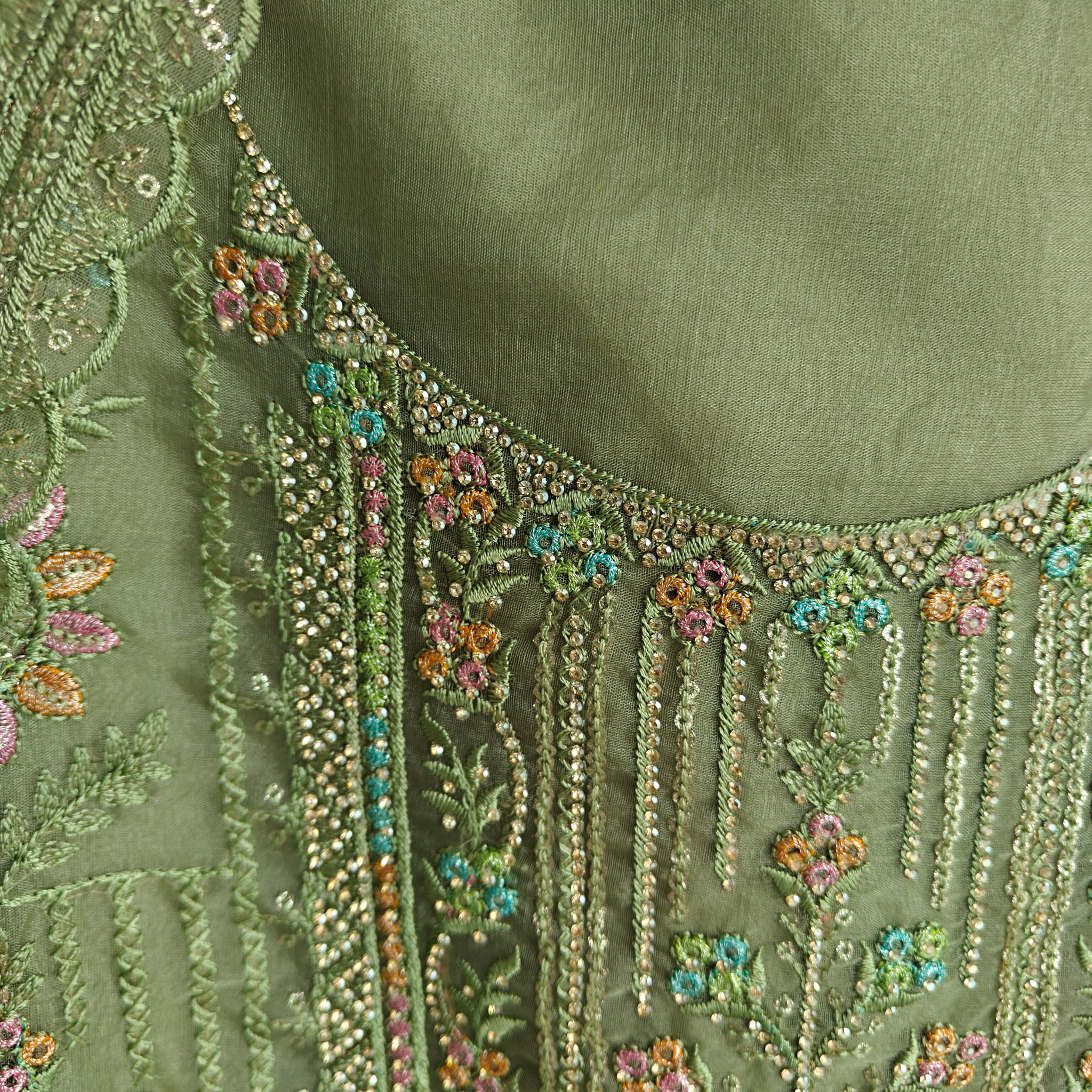 Green Organza Embroidery Zarkan work Unstitched dress material