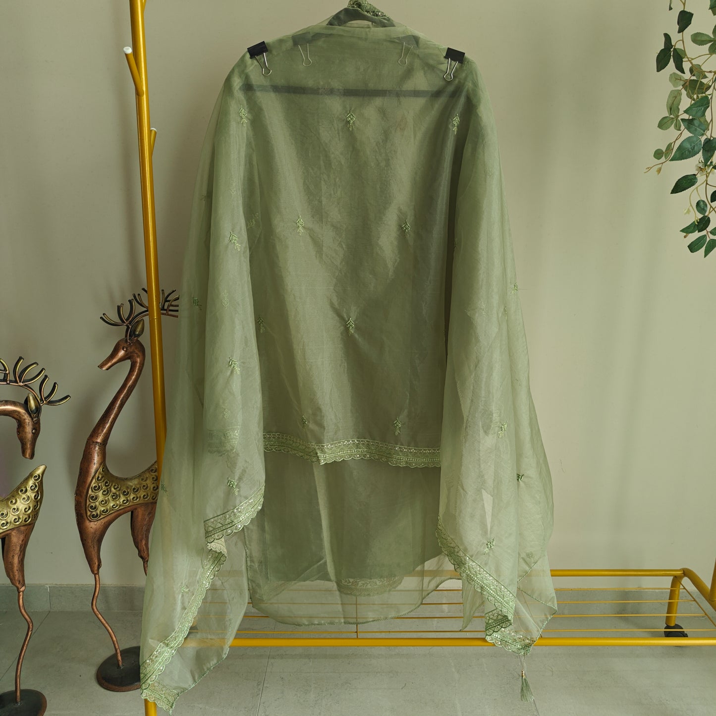 Green Organza Embroidery Zarkan work Unstitched dress material