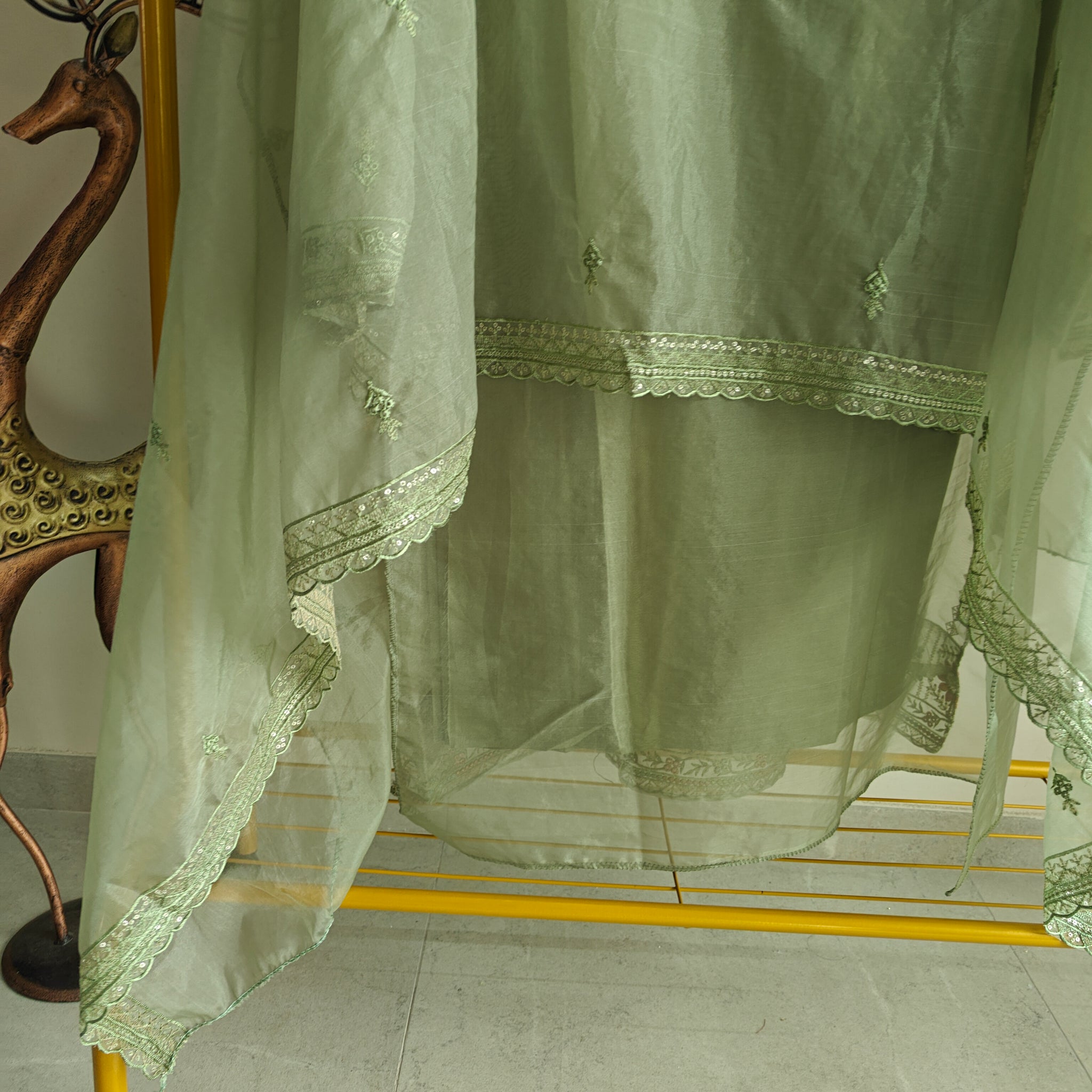 Green Organza Embroidery Zarkan work Unstitched dress material