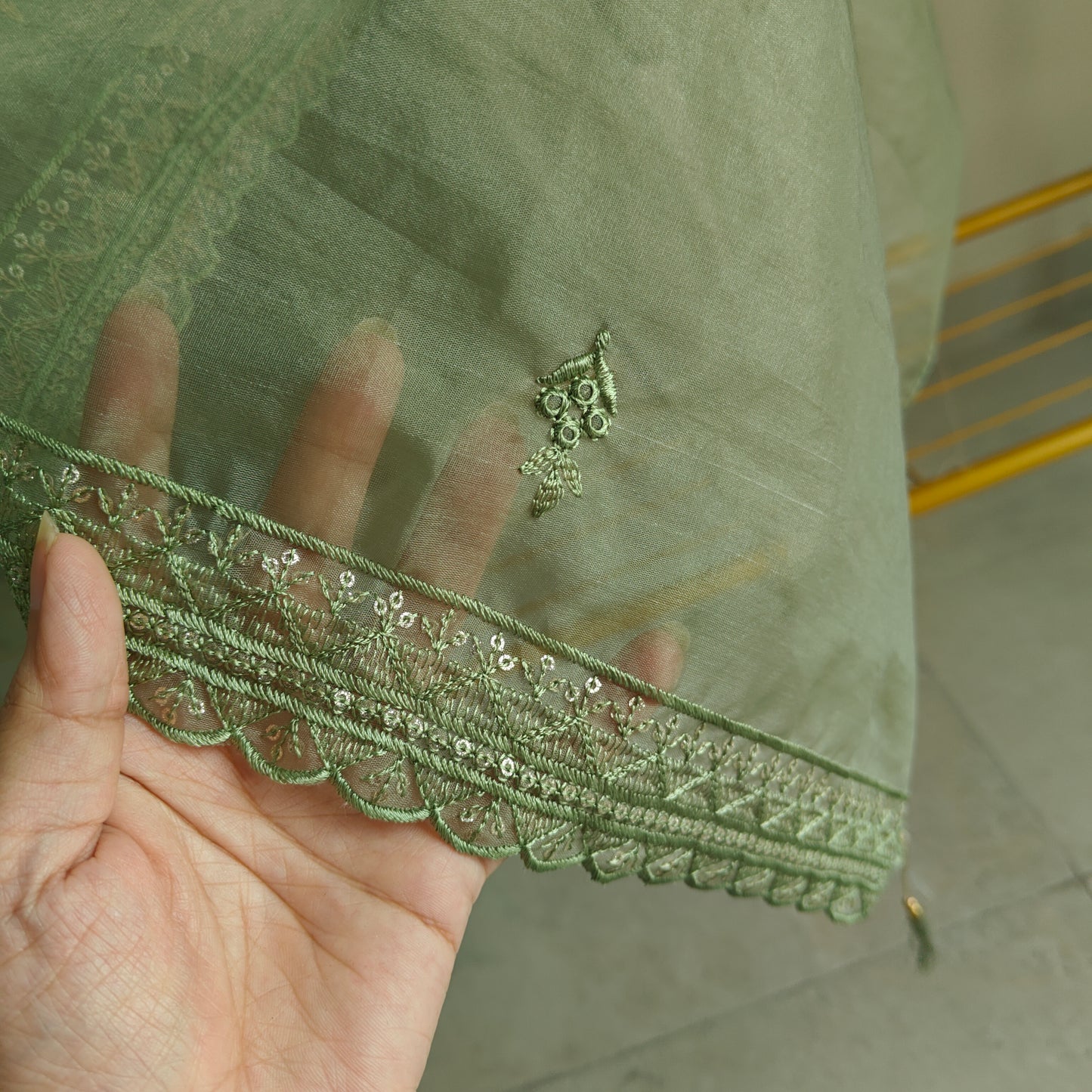 Green Organza Embroidery Zarkan work Unstitched dress material