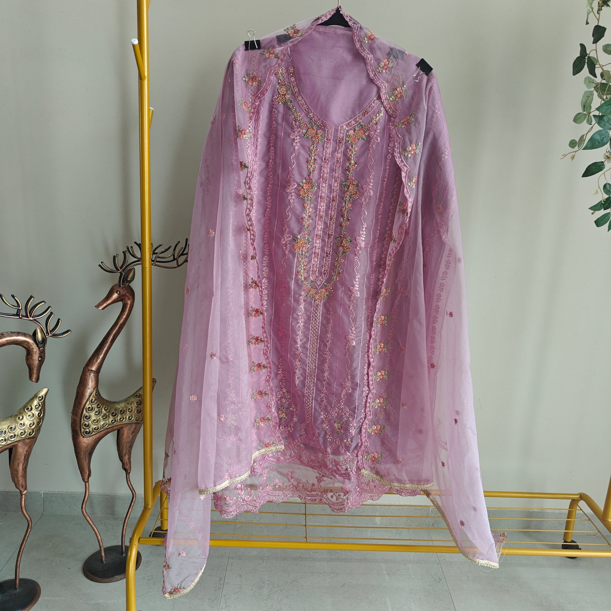 Purple Organza Embroidery Zarkan work Unstitched dress material