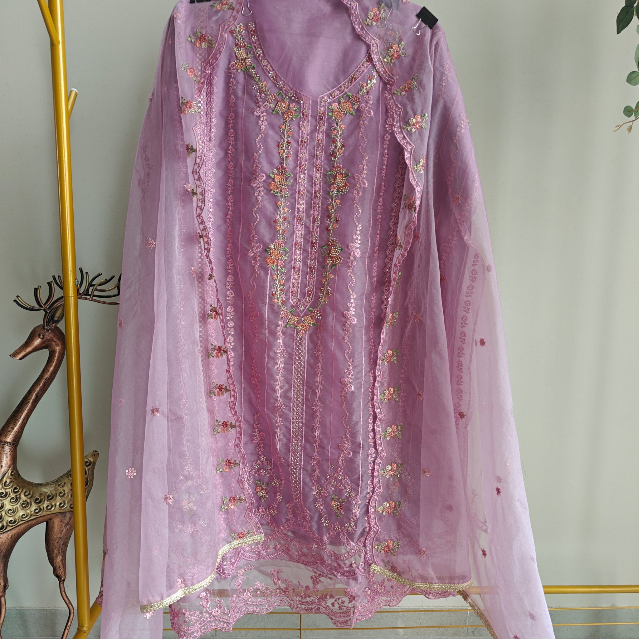 Purple Organza Embroidery Zarkan work Unstitched dress material