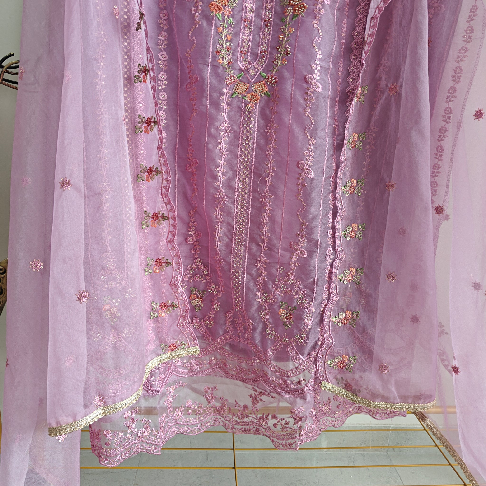 Purple Organza Embroidery Zarkan work Unstitched dress material