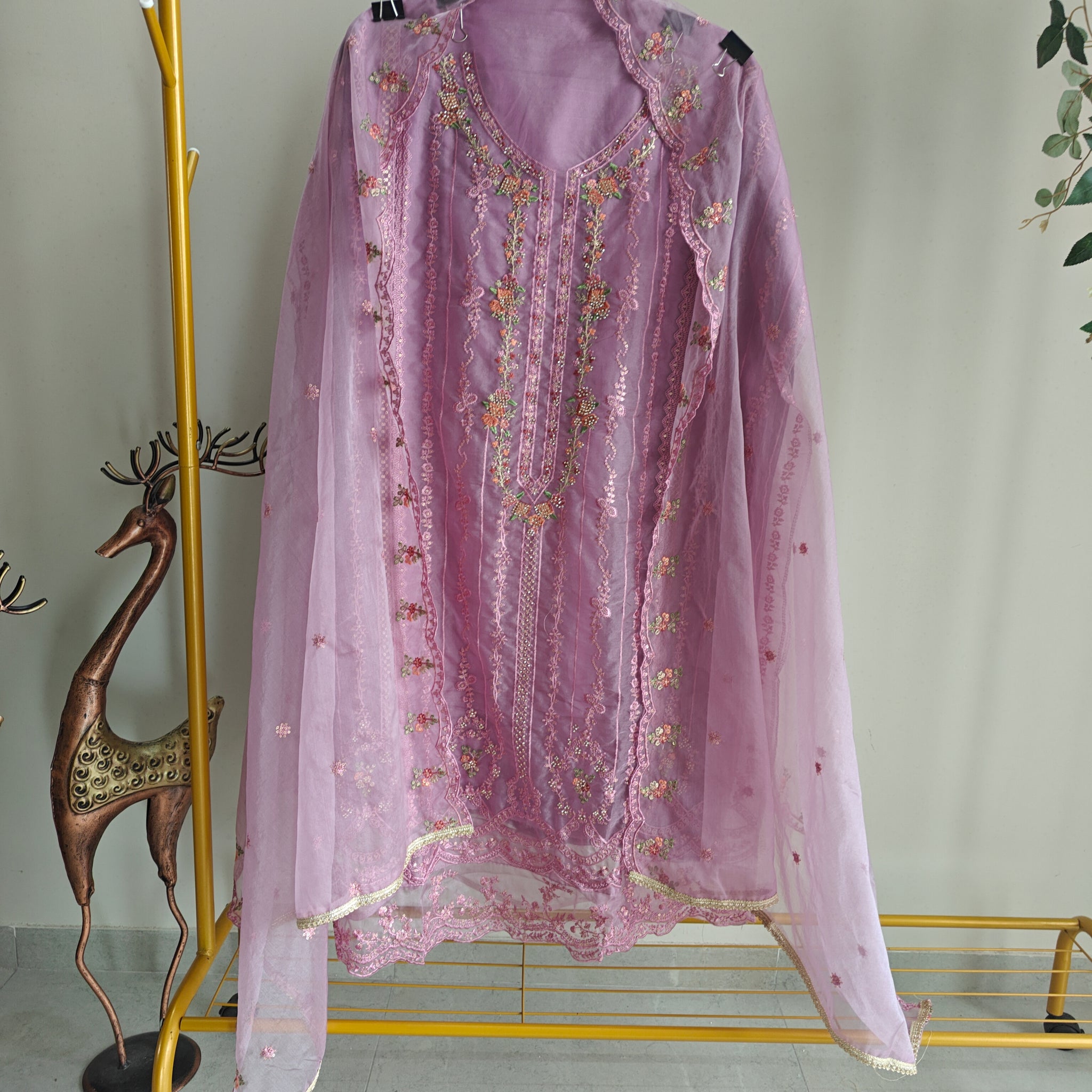 Purple Organza Embroidery Zarkan work Unstitched dress material