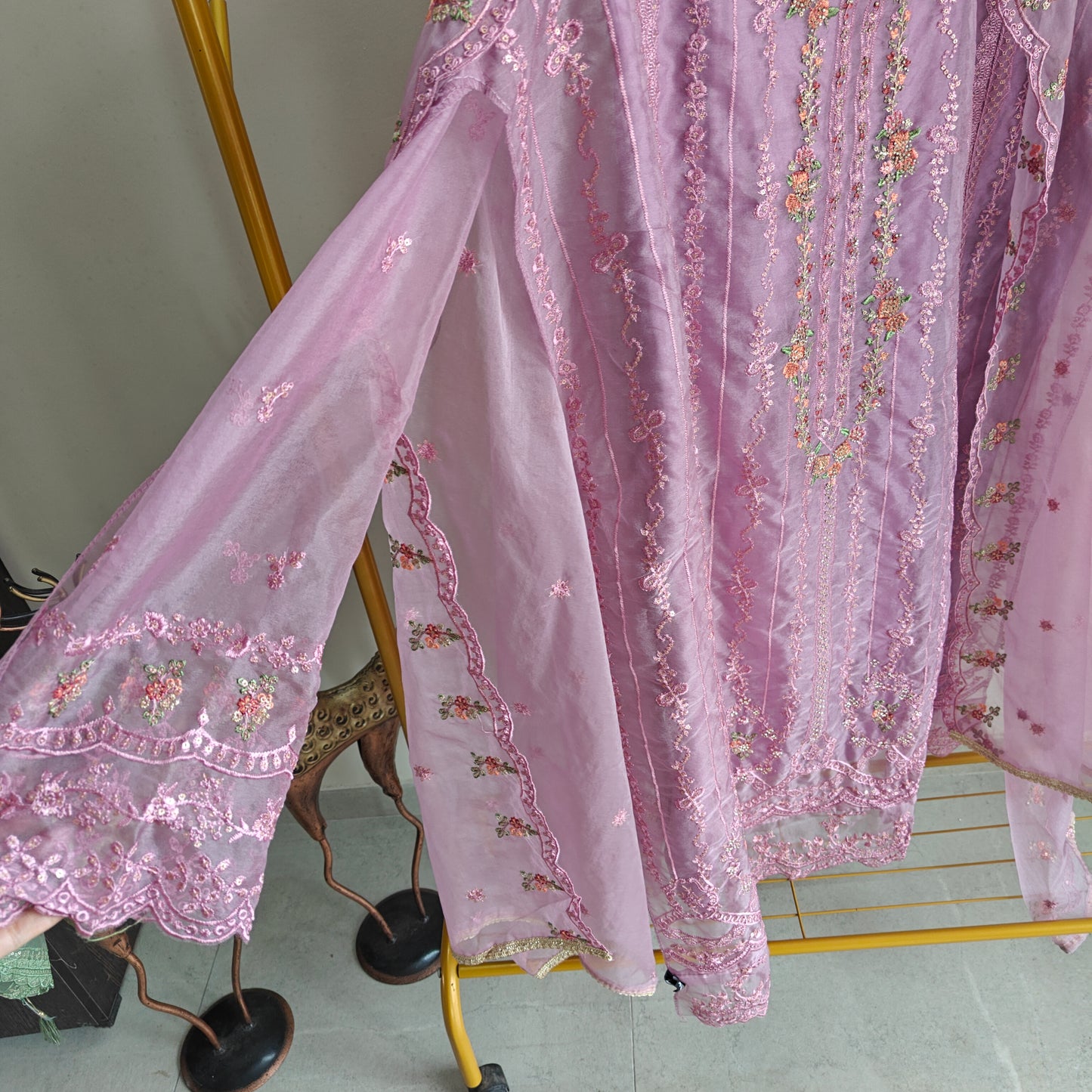 Purple Organza Embroidery Zarkan work Unstitched dress material