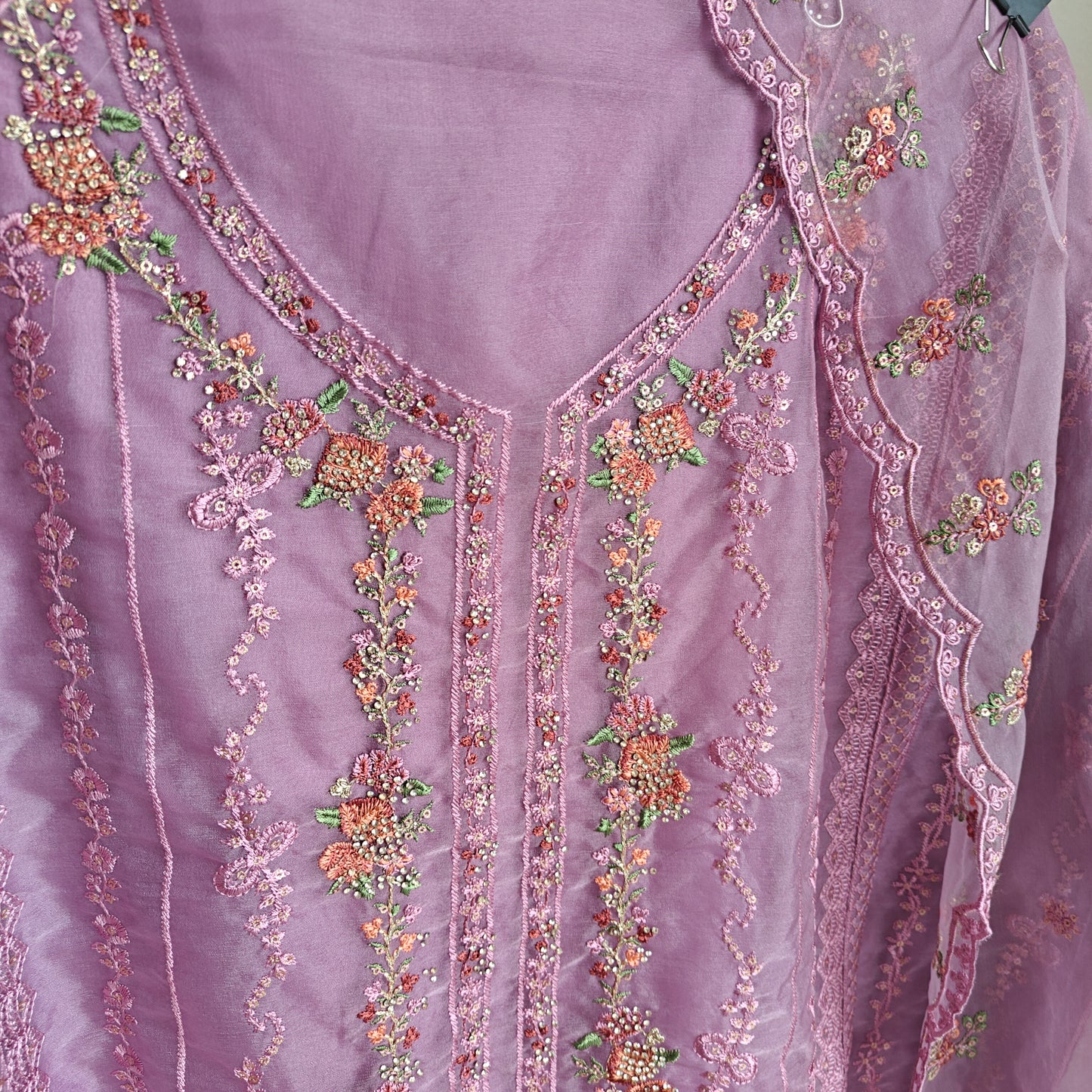 Purple Organza Embroidery Zarkan work Unstitched dress material