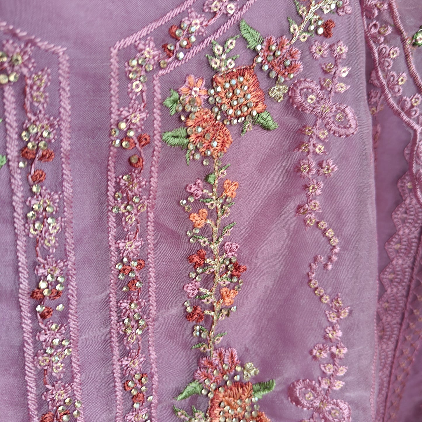 Purple Organza Embroidery Zarkan work Unstitched dress material