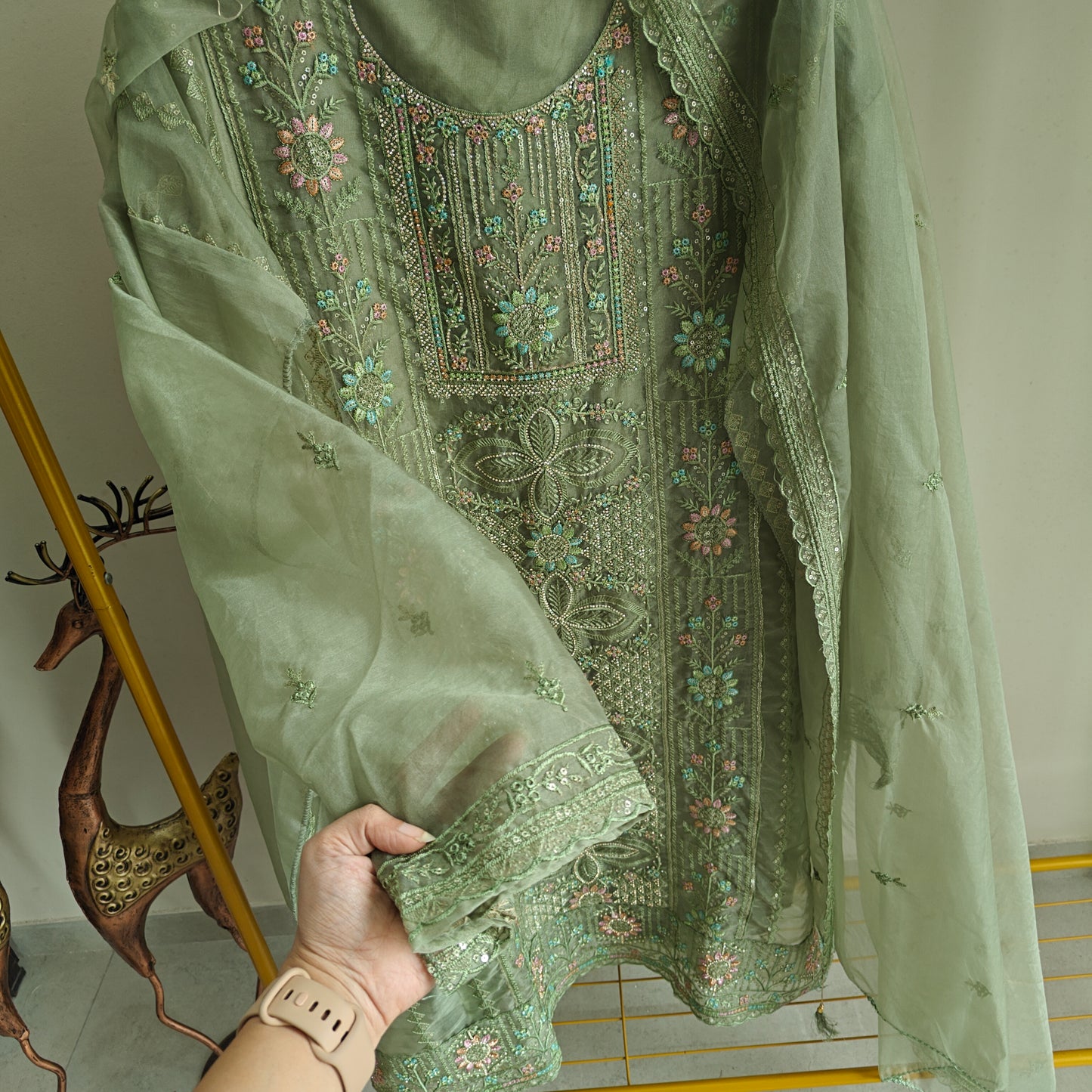 Green Organza Embroidery Zarkan work Unstitched dress material