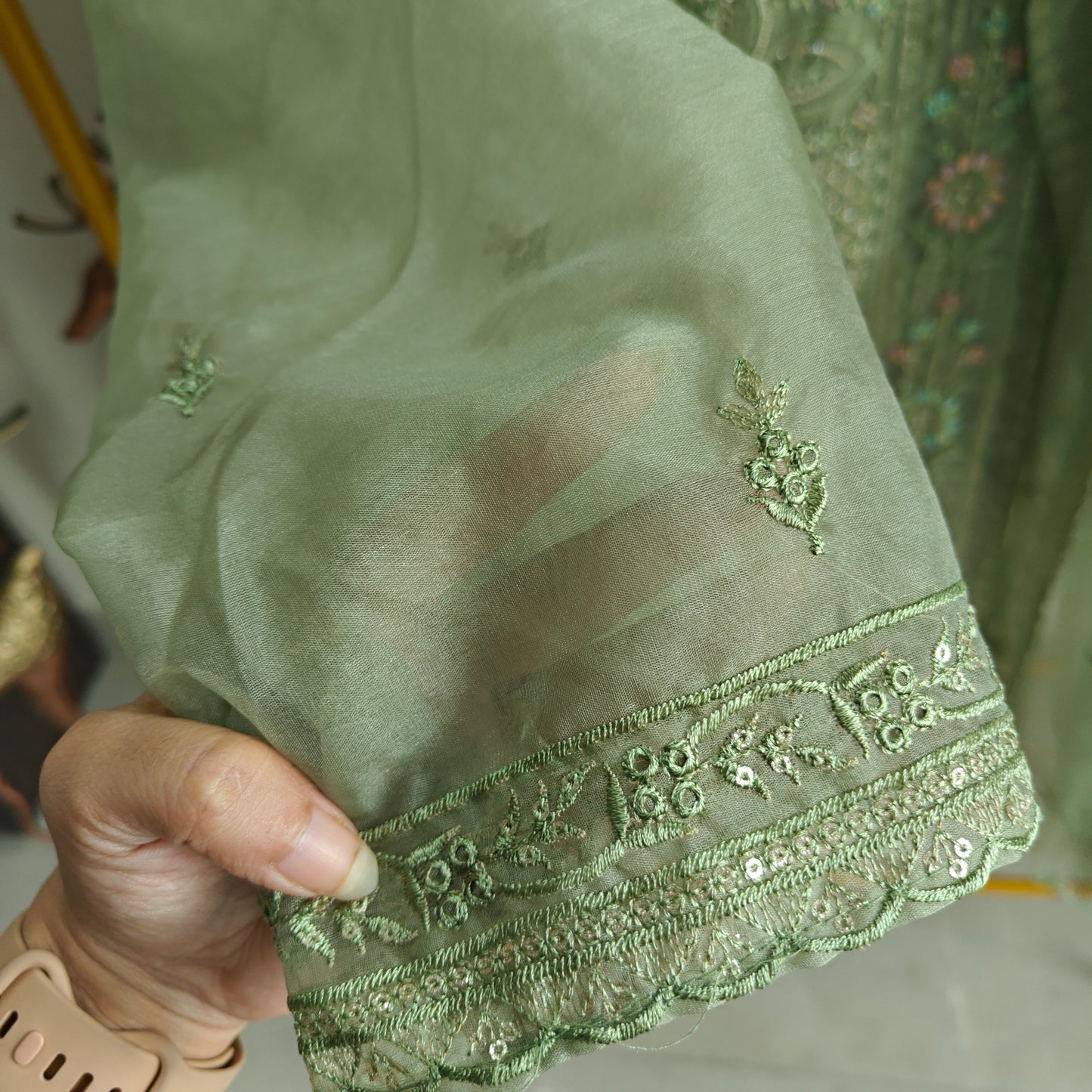 Green Organza Embroidery Zarkan work Unstitched dress material