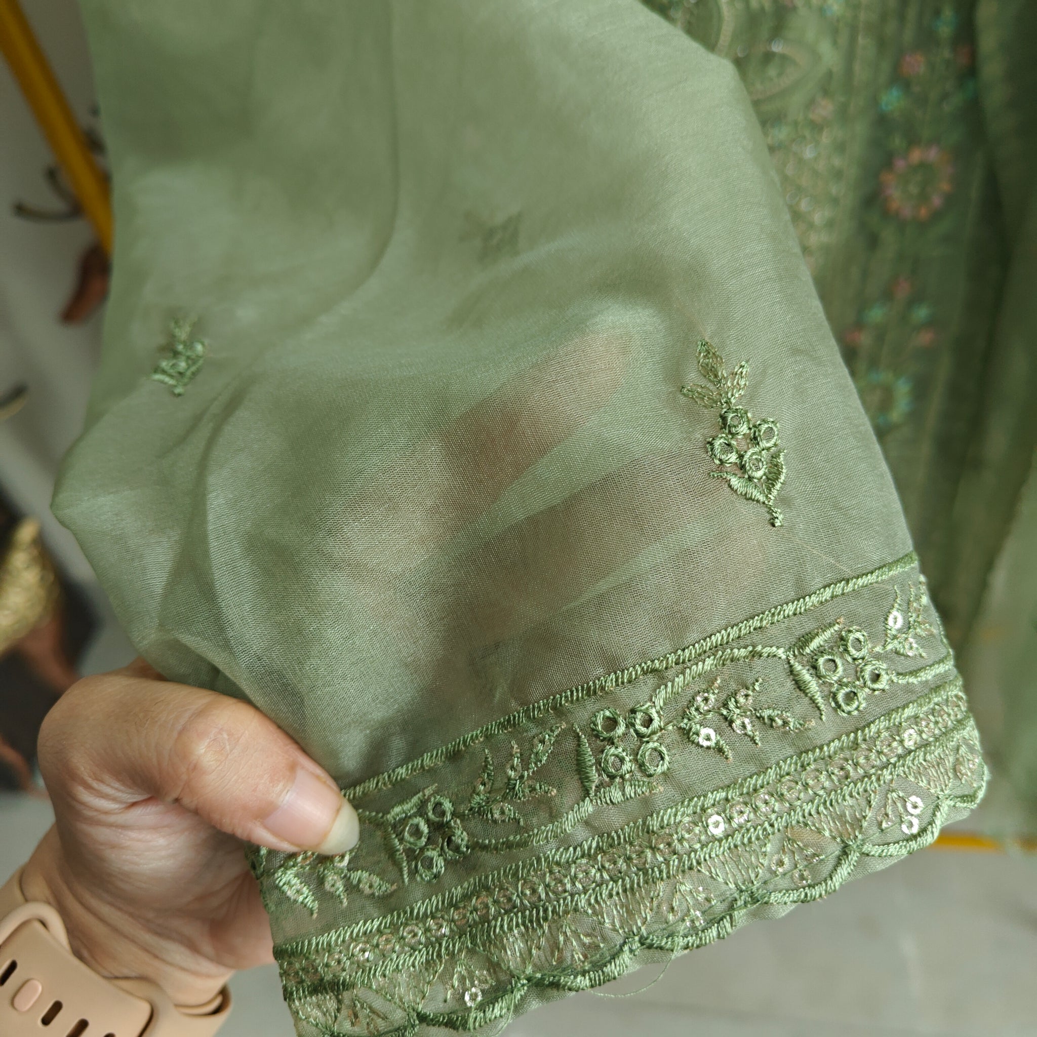 Green Organza Embroidery Zarkan work Unstitched dress material