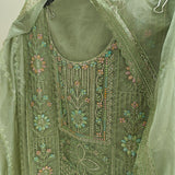 Green Organza Embroidery Zarkan work Unstitched dress material