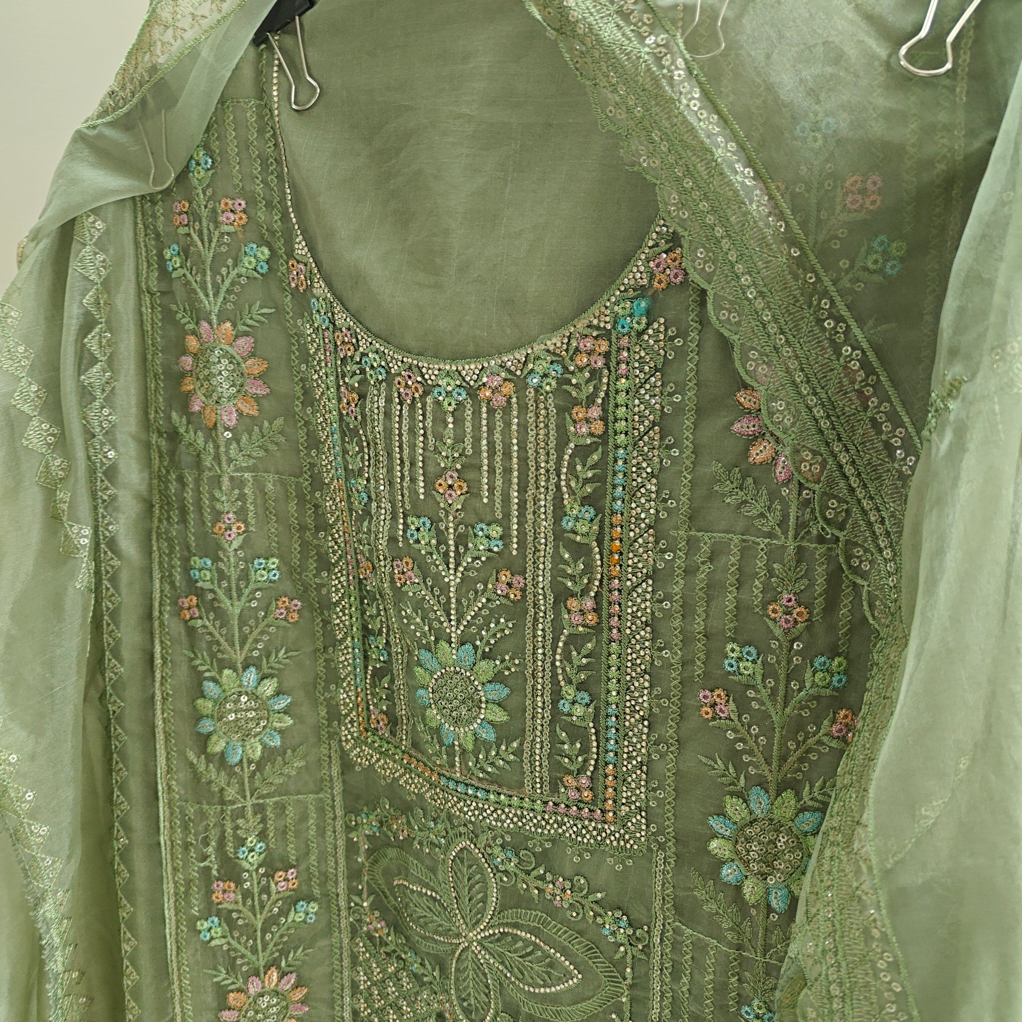 Green Organza Embroidery Zarkan work Unstitched dress material