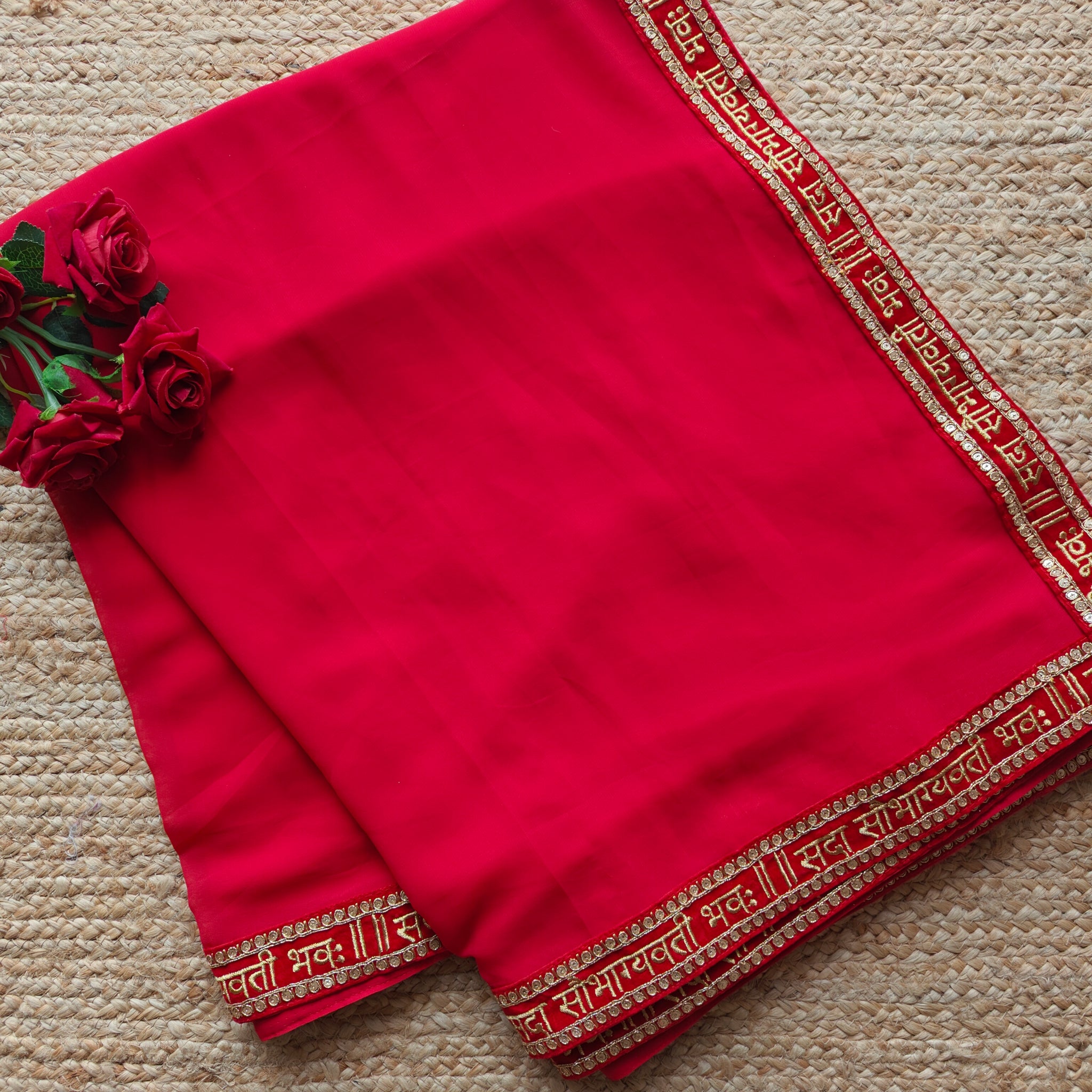 Saubhagyavati Red Plain georgette Saree