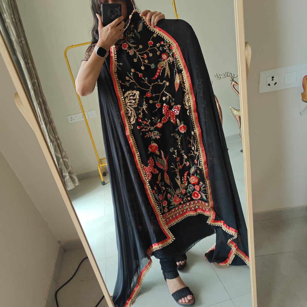 Black Georgette Dress material with Butterfly embroidery