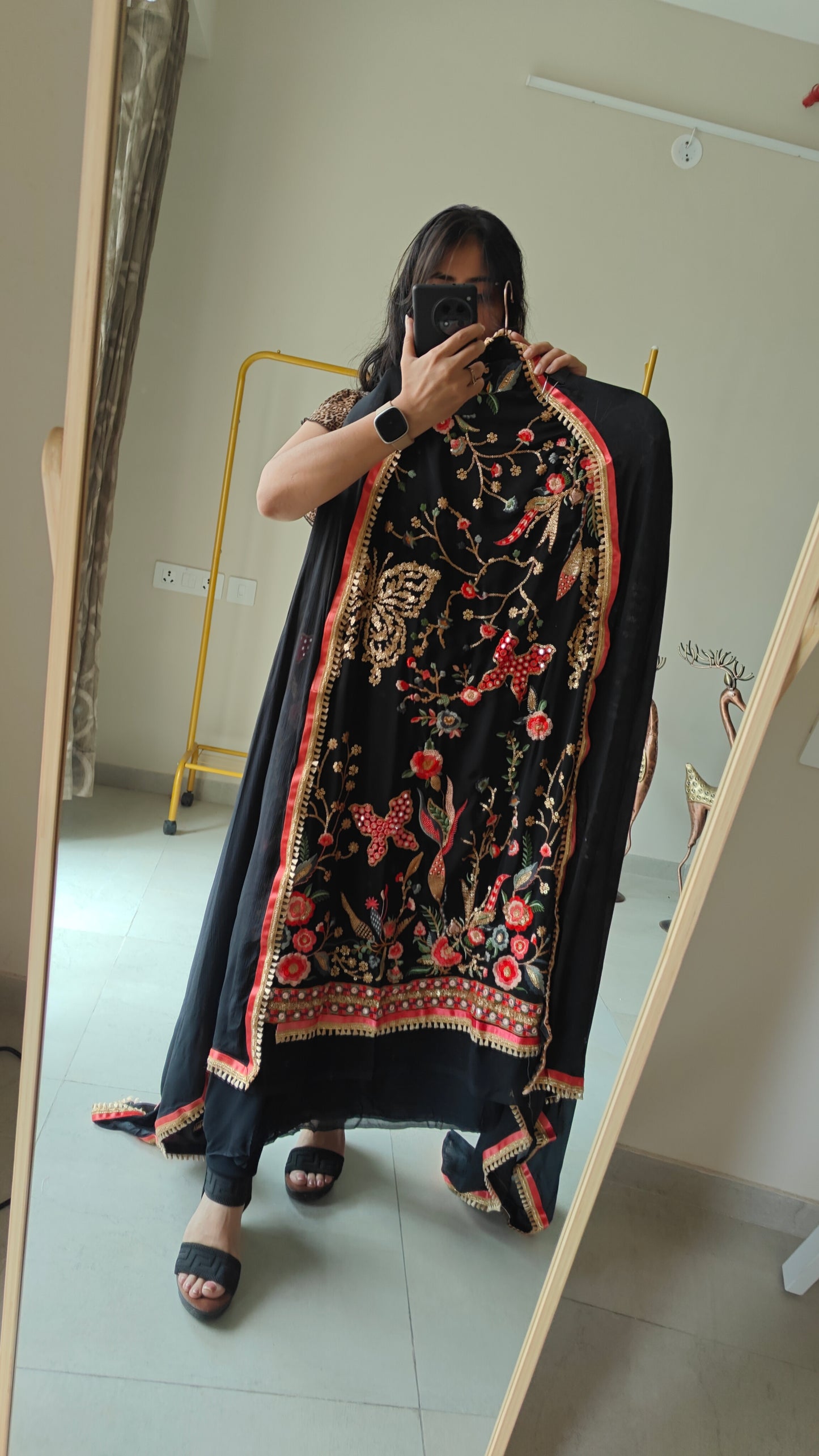 Black Georgette Dress material with Butterfly embroidery