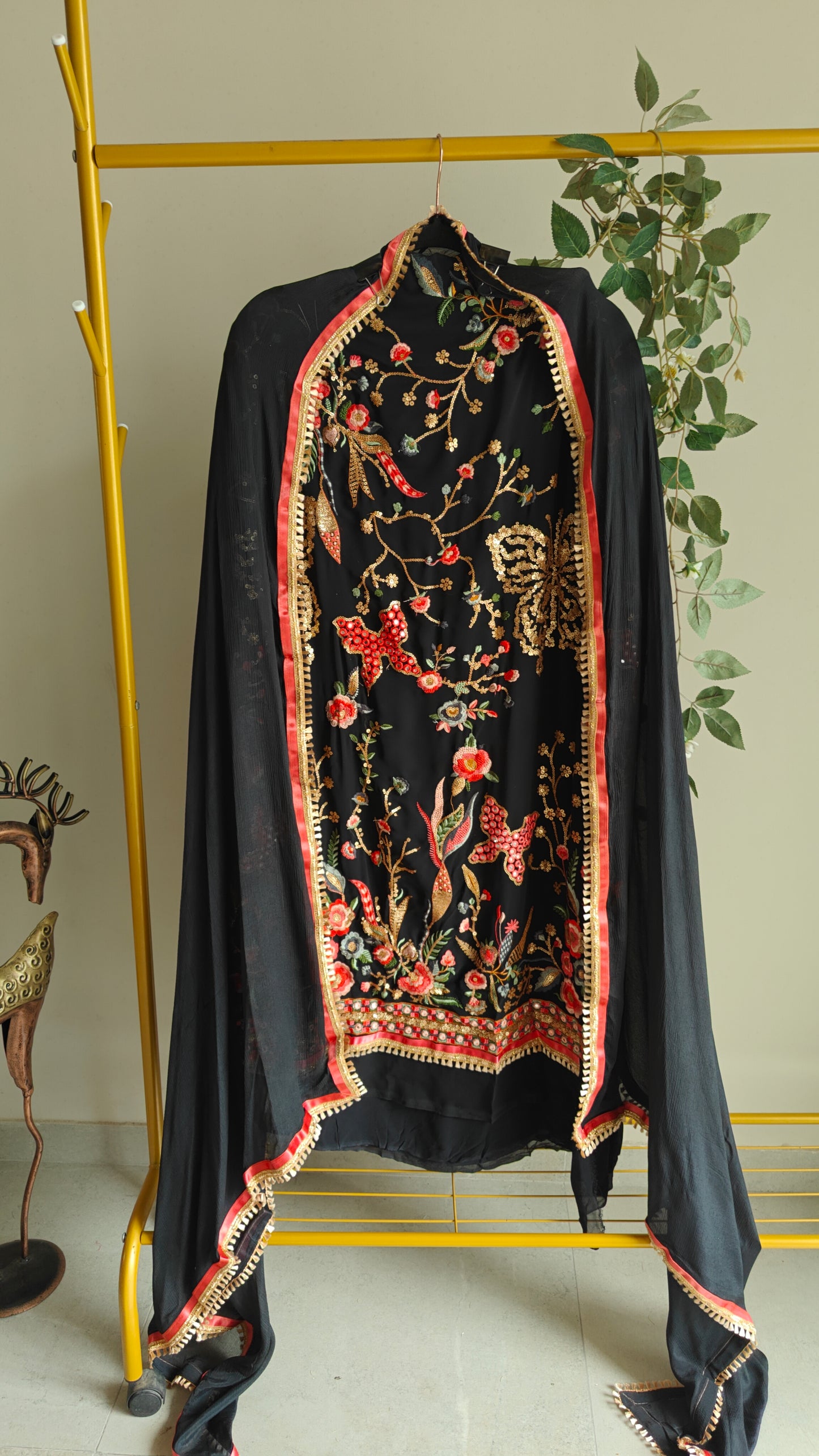 Black Georgette Dress material with Butterfly embroidery