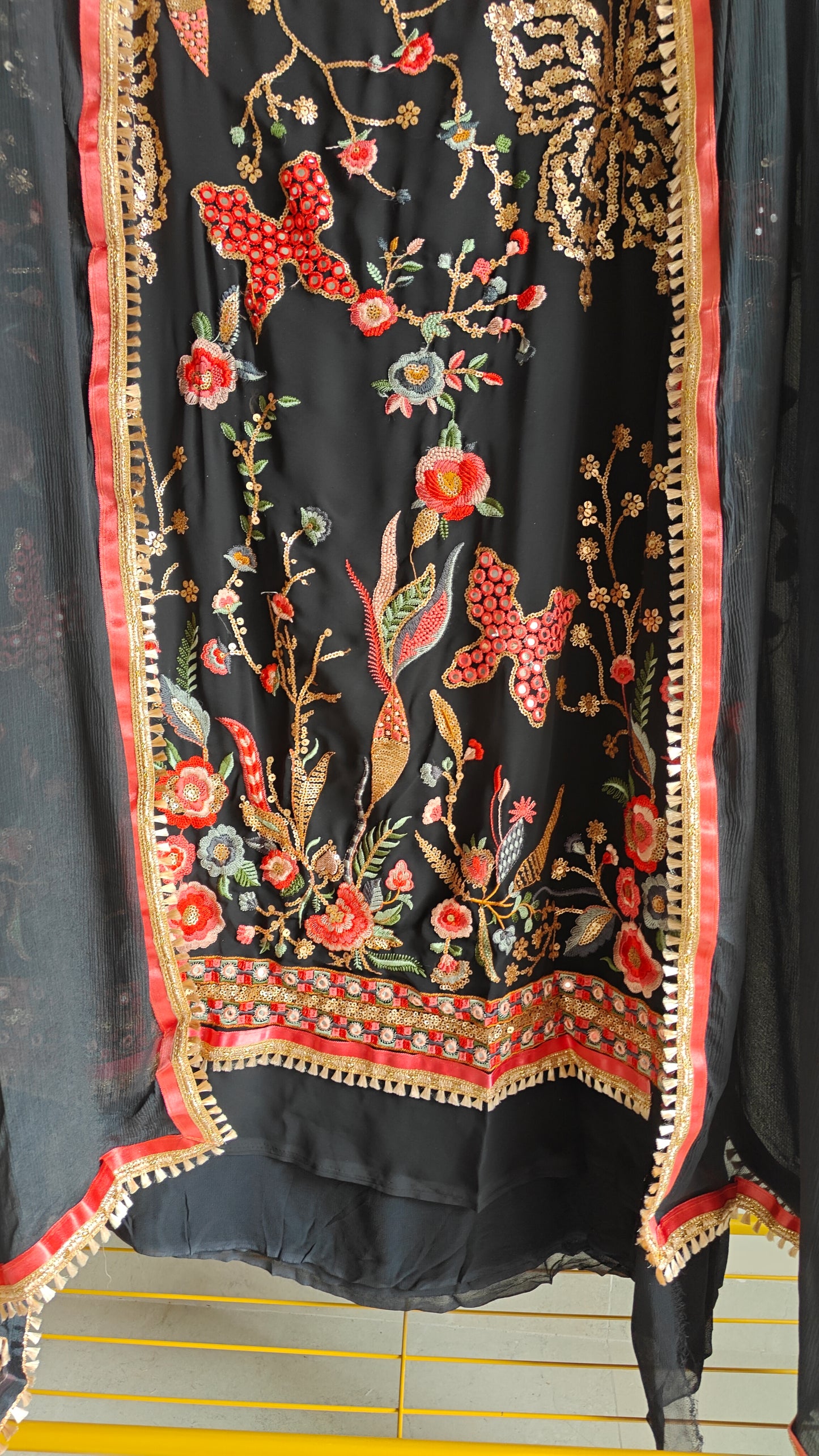 Black Georgette Dress material with Butterfly embroidery