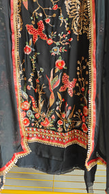 Black Georgette Dress material with Butterfly embroidery