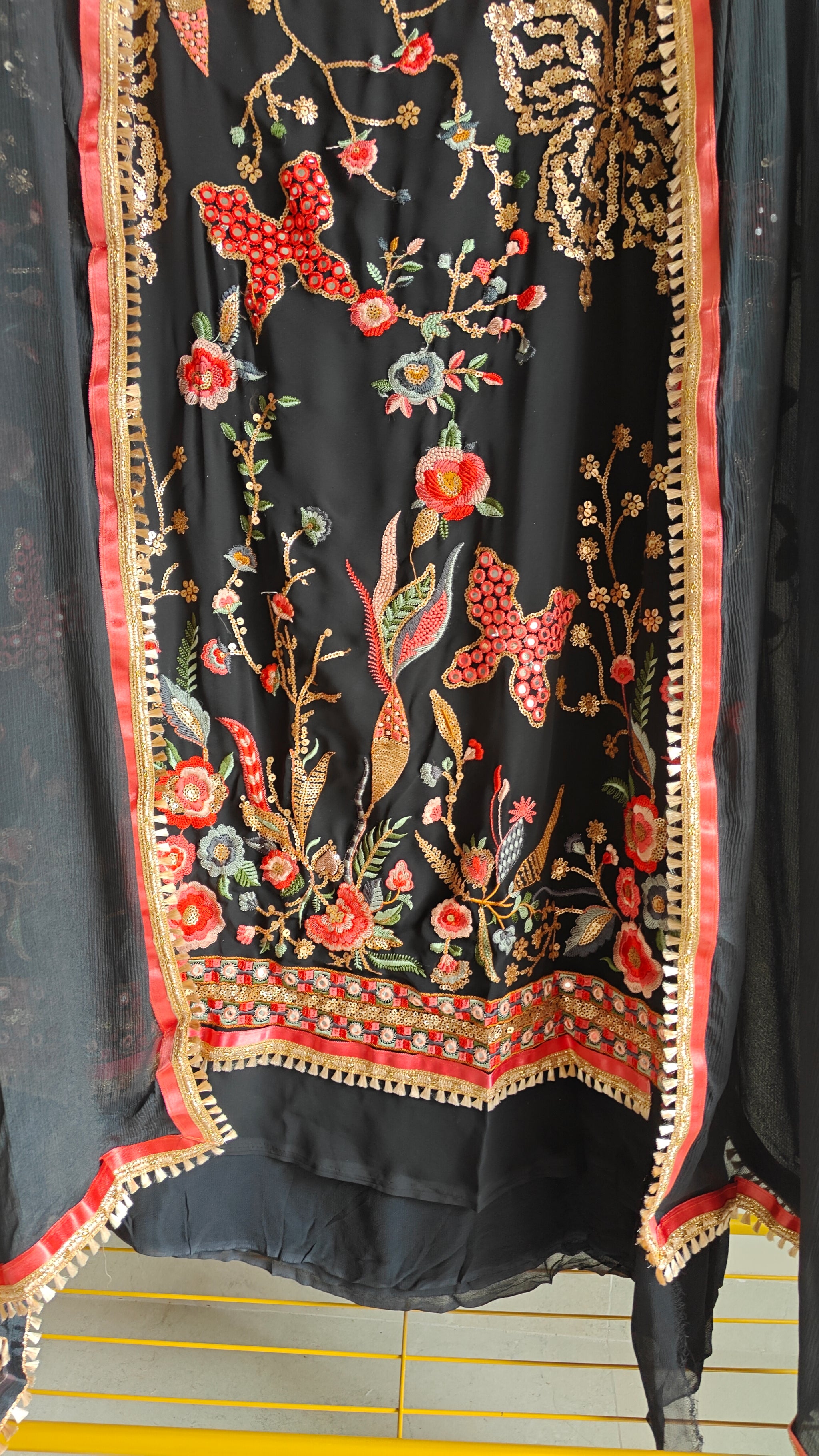 Black Georgette Dress material with Butterfly embroidery