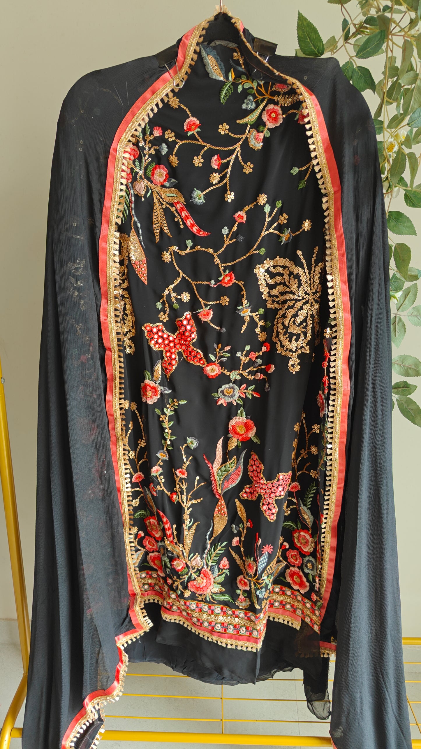 Black Georgette Dress material with Butterfly embroidery