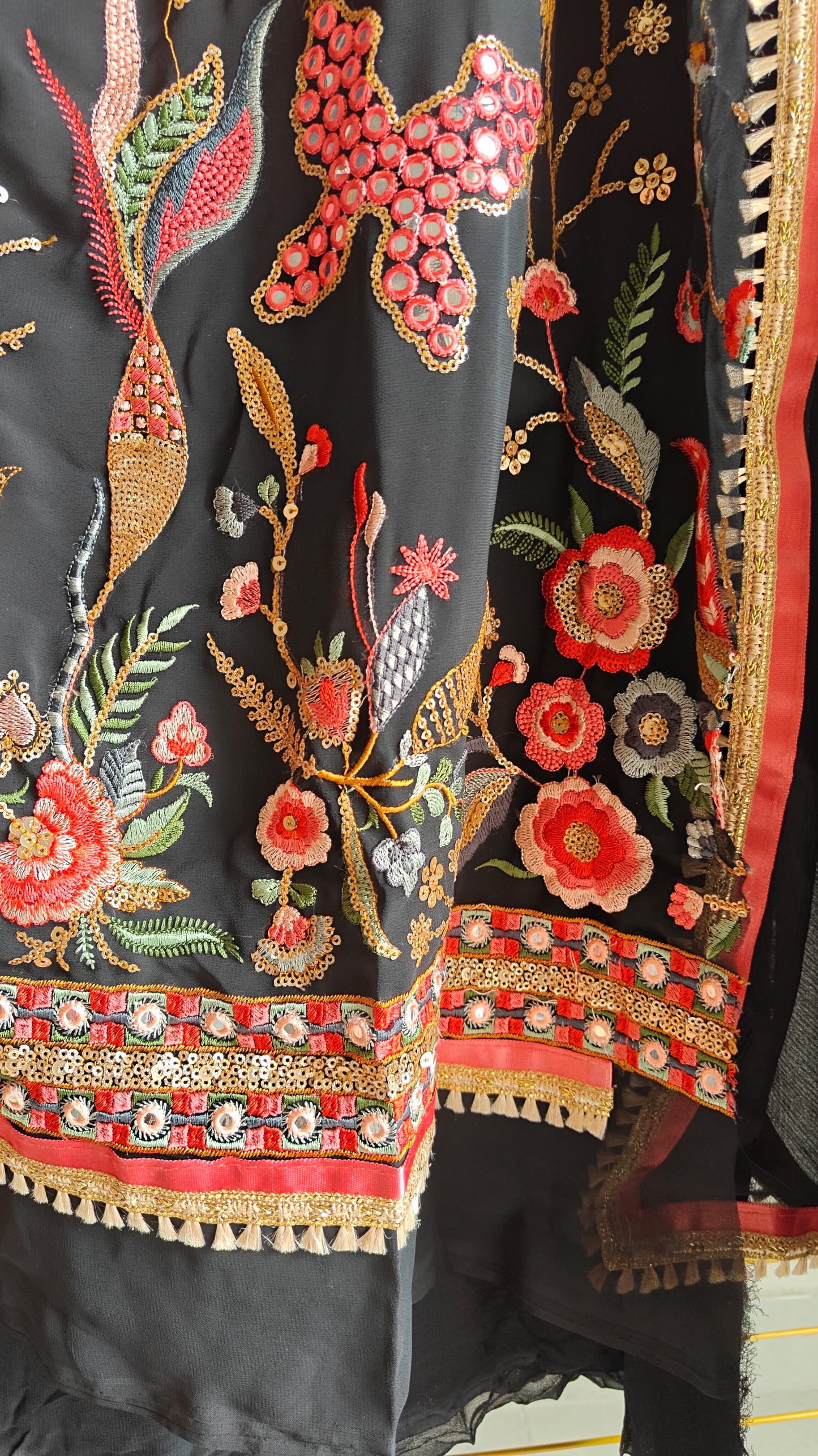 Black Georgette Dress material with Butterfly embroidery