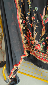 Black Georgette Dress material with Butterfly embroidery