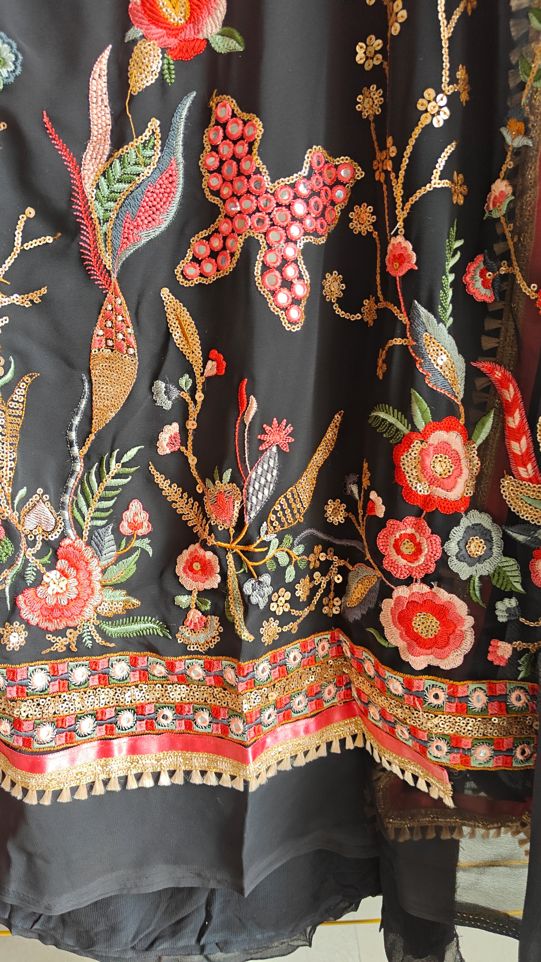 Black Georgette Dress material with Butterfly embroidery