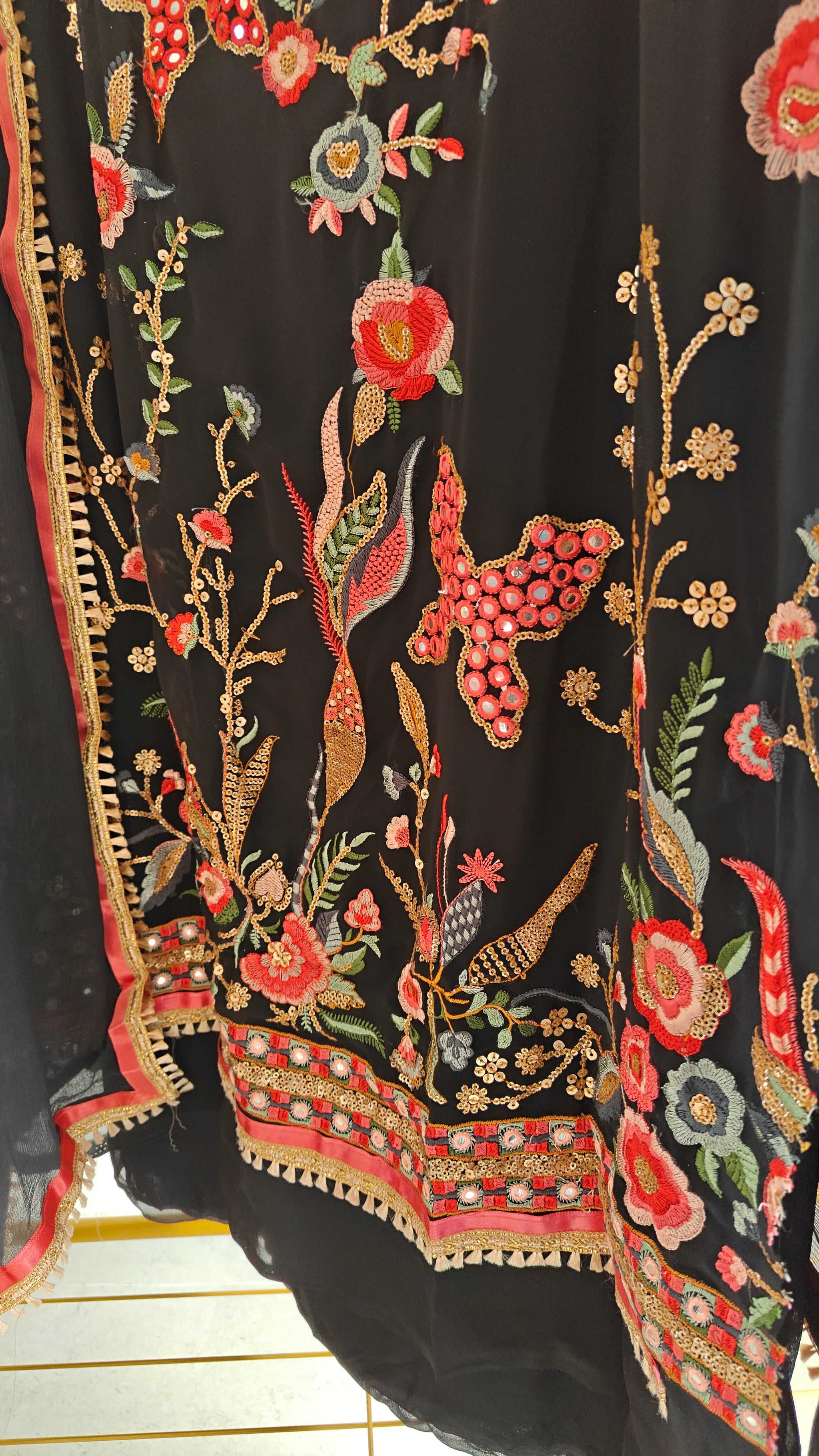 Black Georgette Dress material with Butterfly embroidery