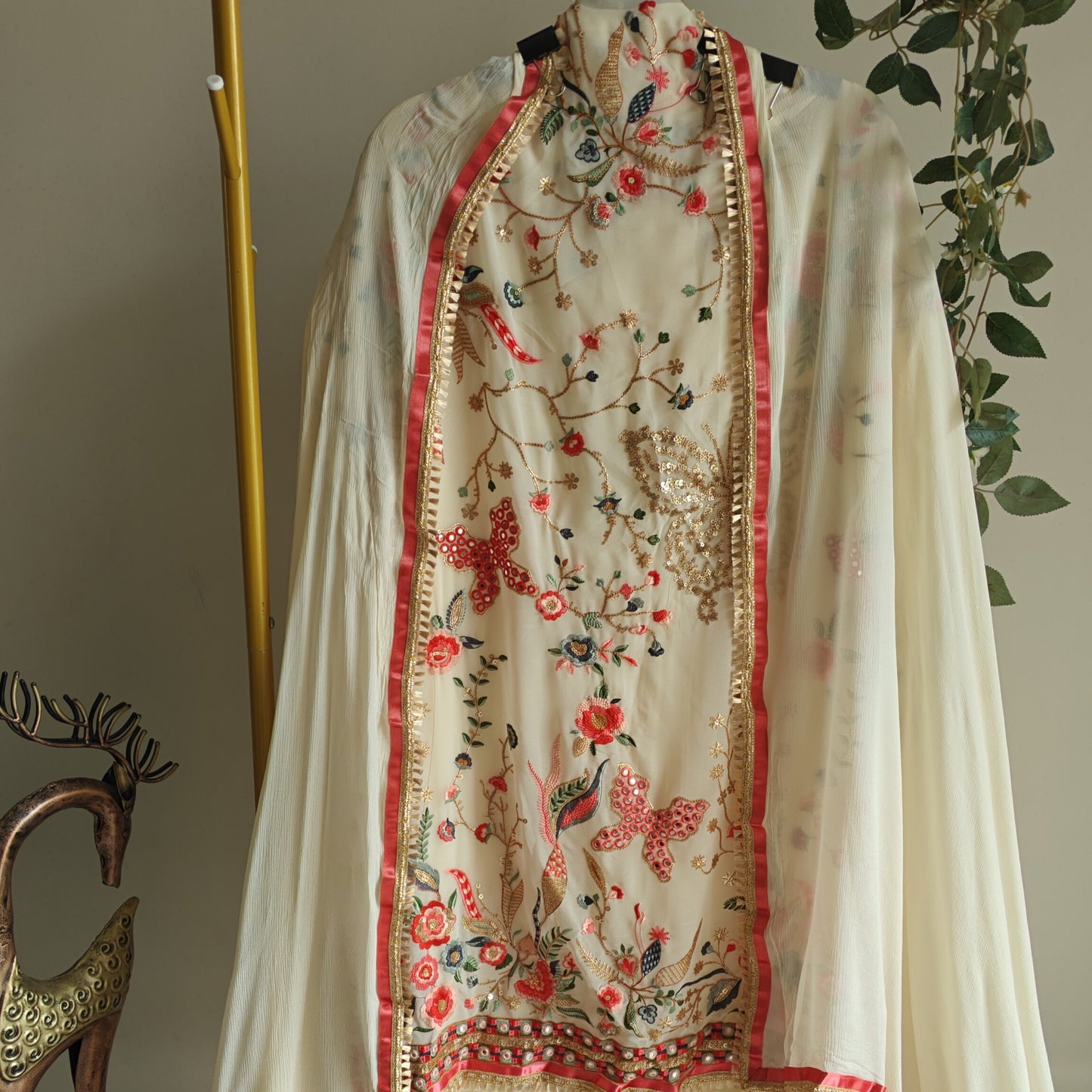 Cream Georgette Dress material with Butterfly embroidery