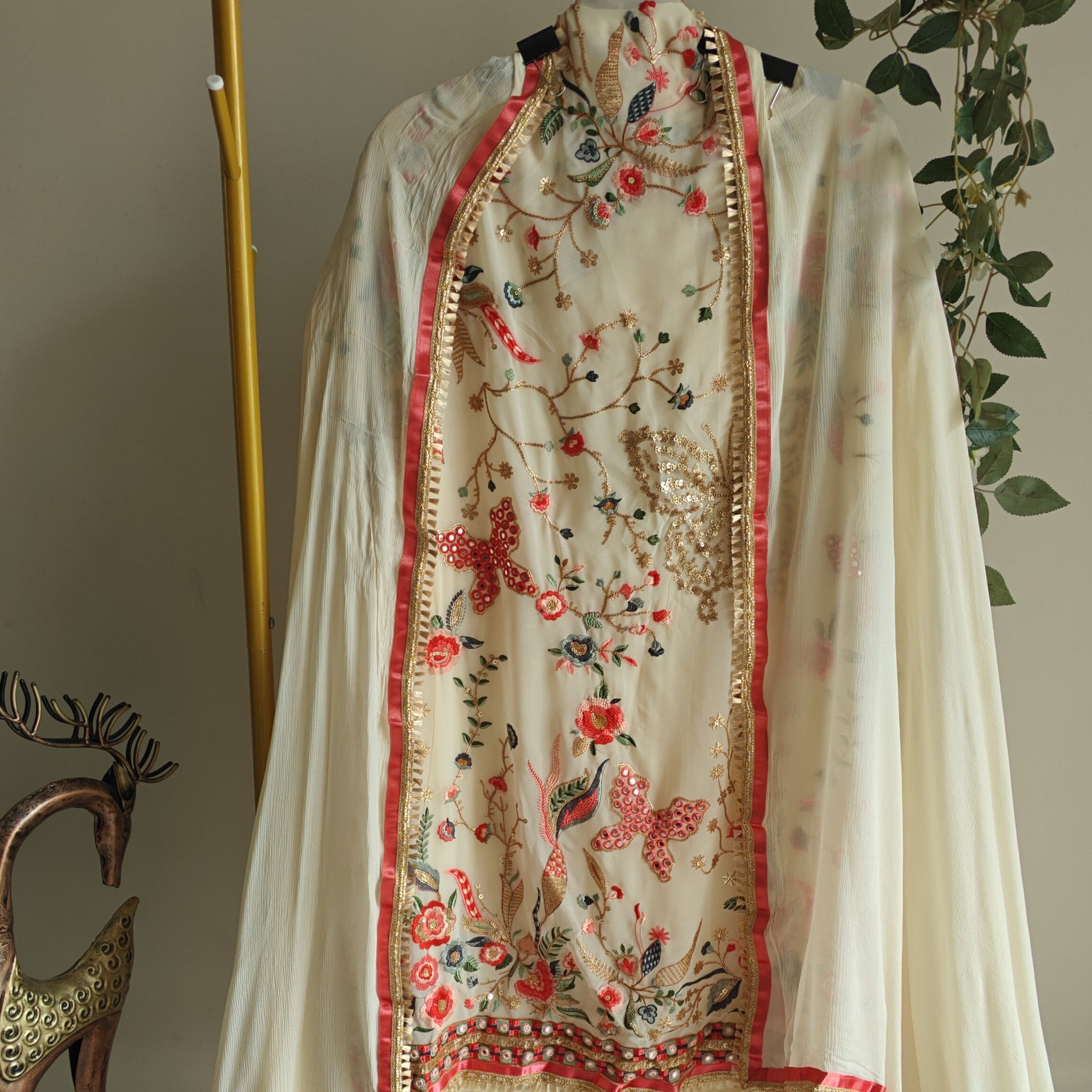 Cream Georgette Dress material with Butterfly embroidery